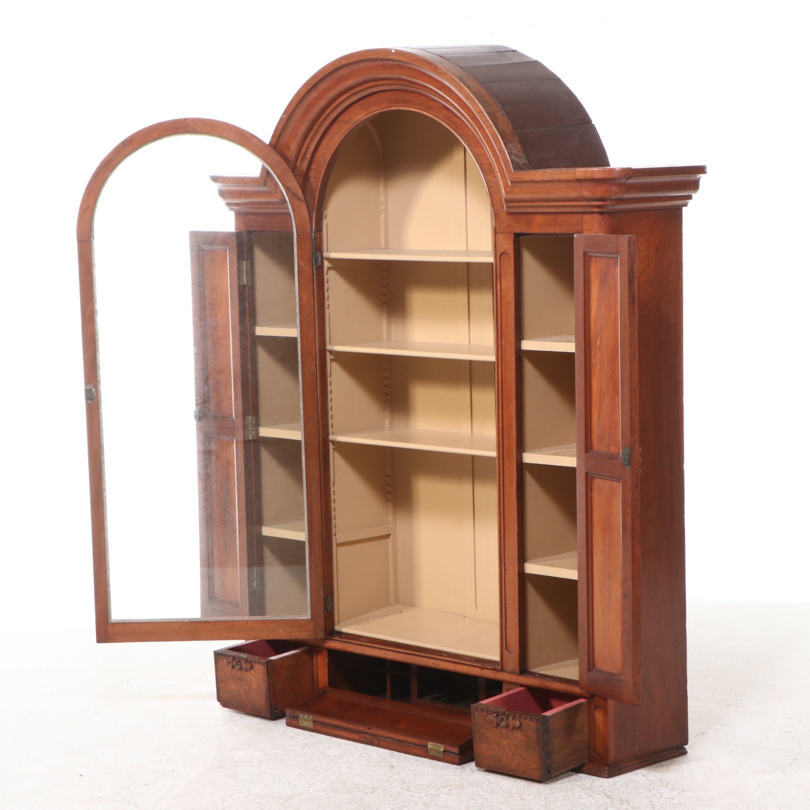 Antique Continental Walnut Book Case with Drop Down Desk