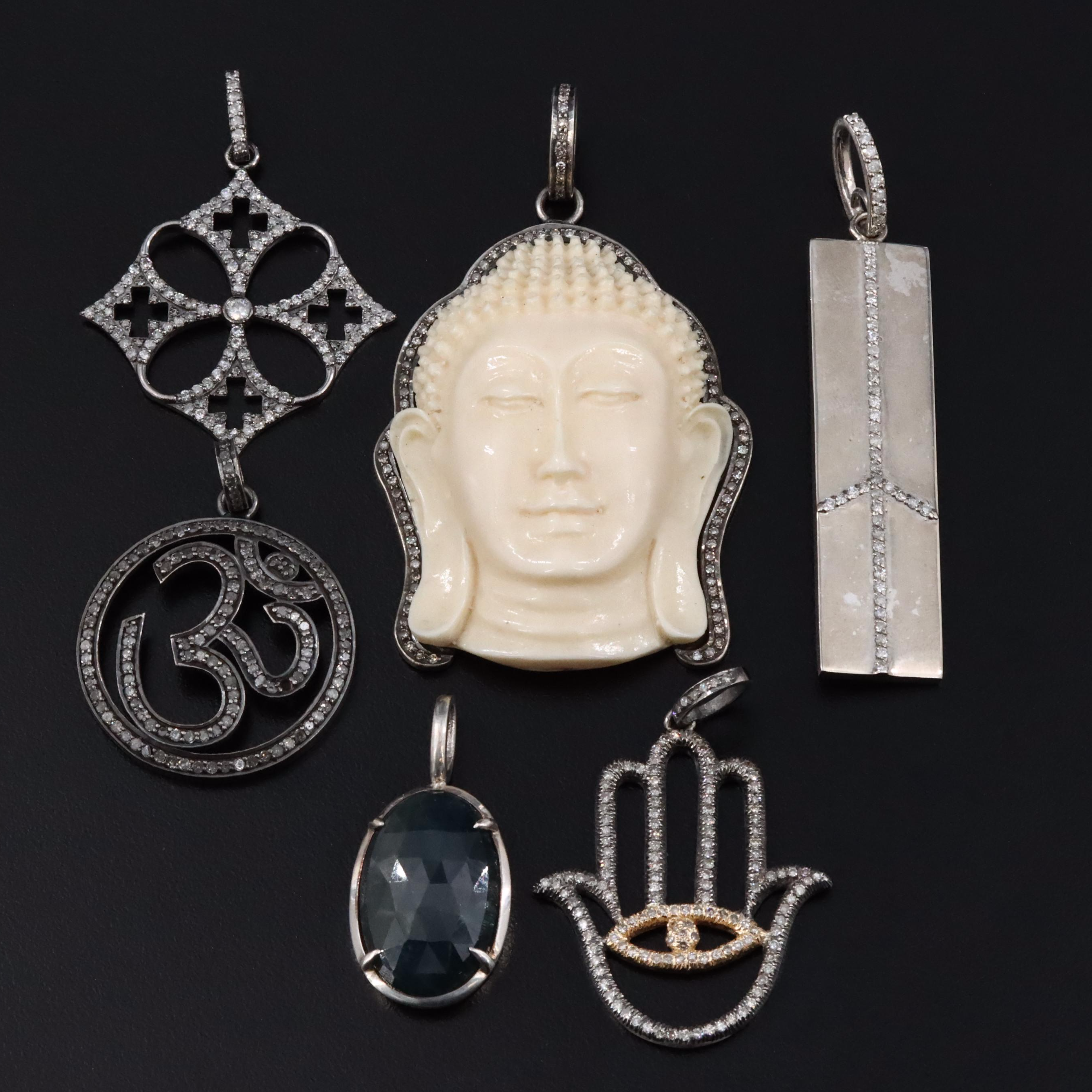 Sterling Diamond, Bone and Sapphire Pendants Attributed to Sheryl Lowe