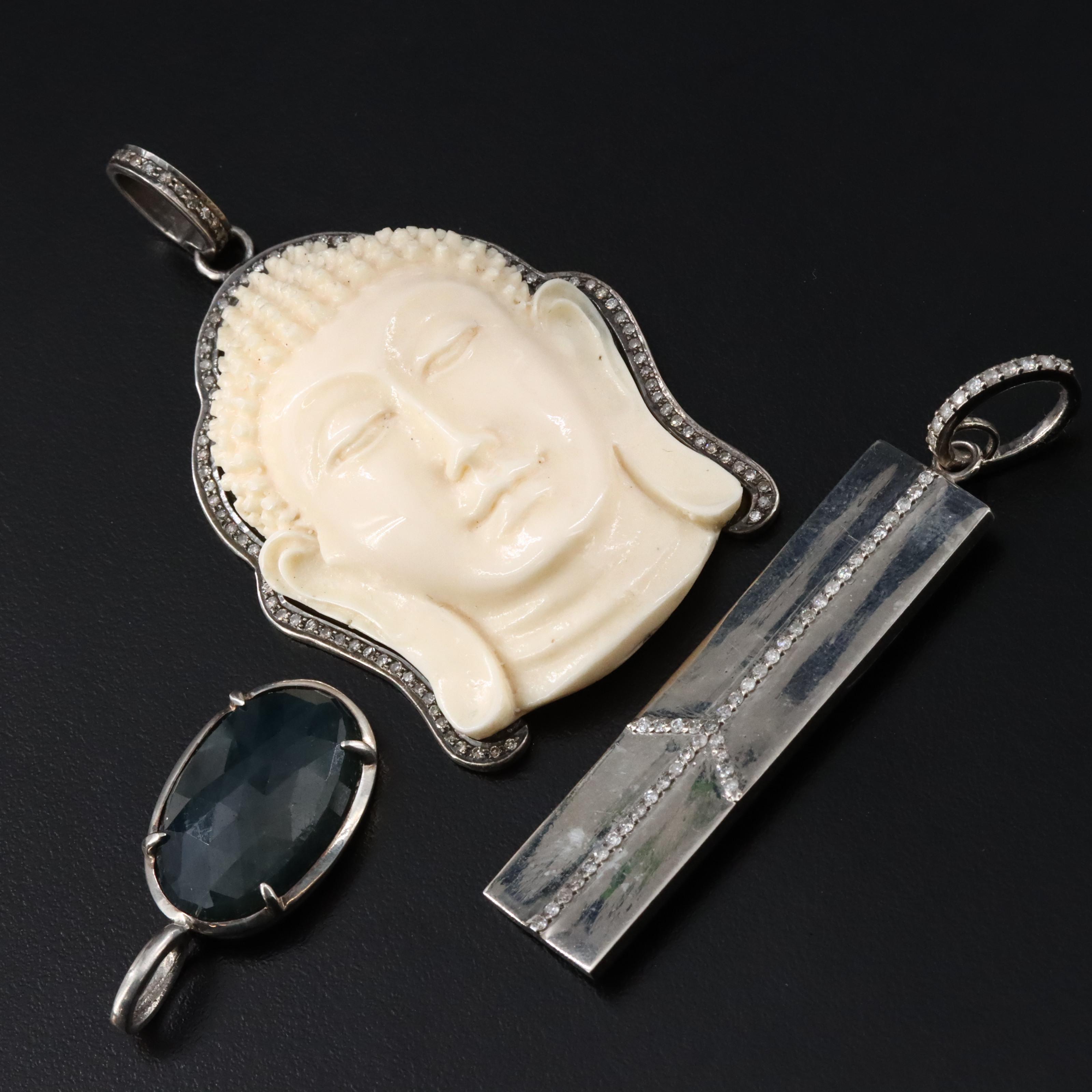 Sterling Diamond, Bone and Sapphire Pendants Attributed to Sheryl Lowe
