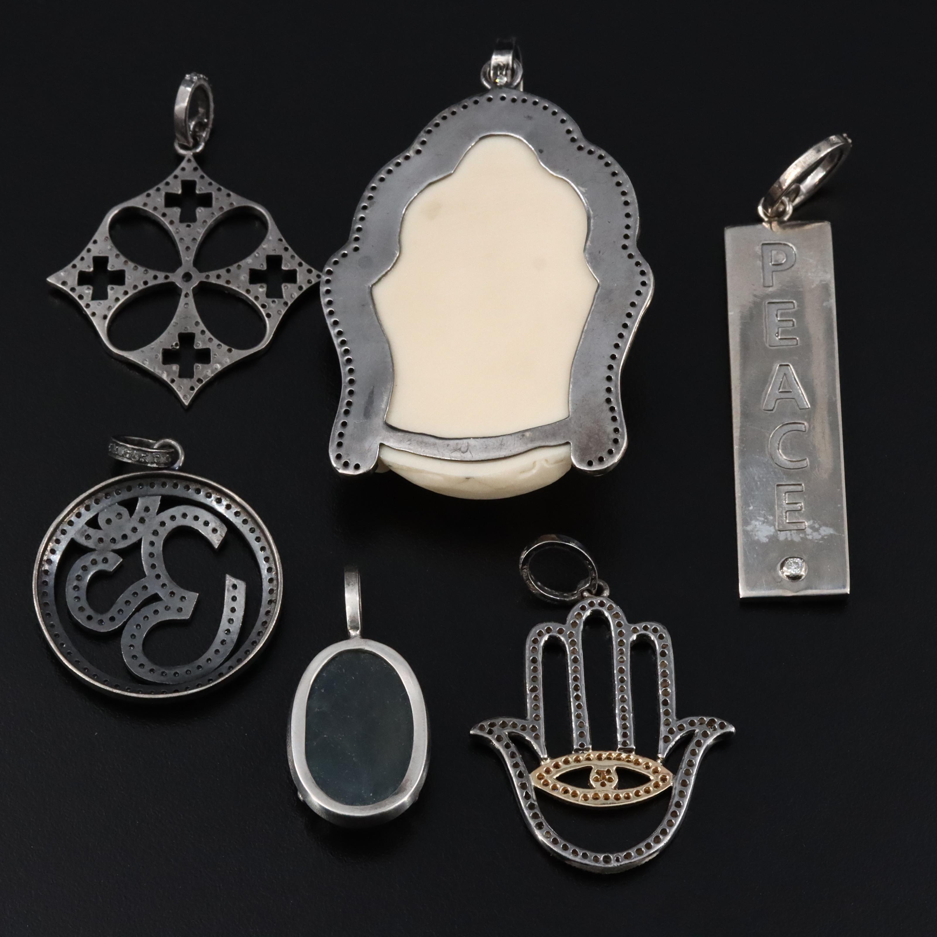 Sterling Diamond, Bone and Sapphire Pendants Attributed to Sheryl Lowe