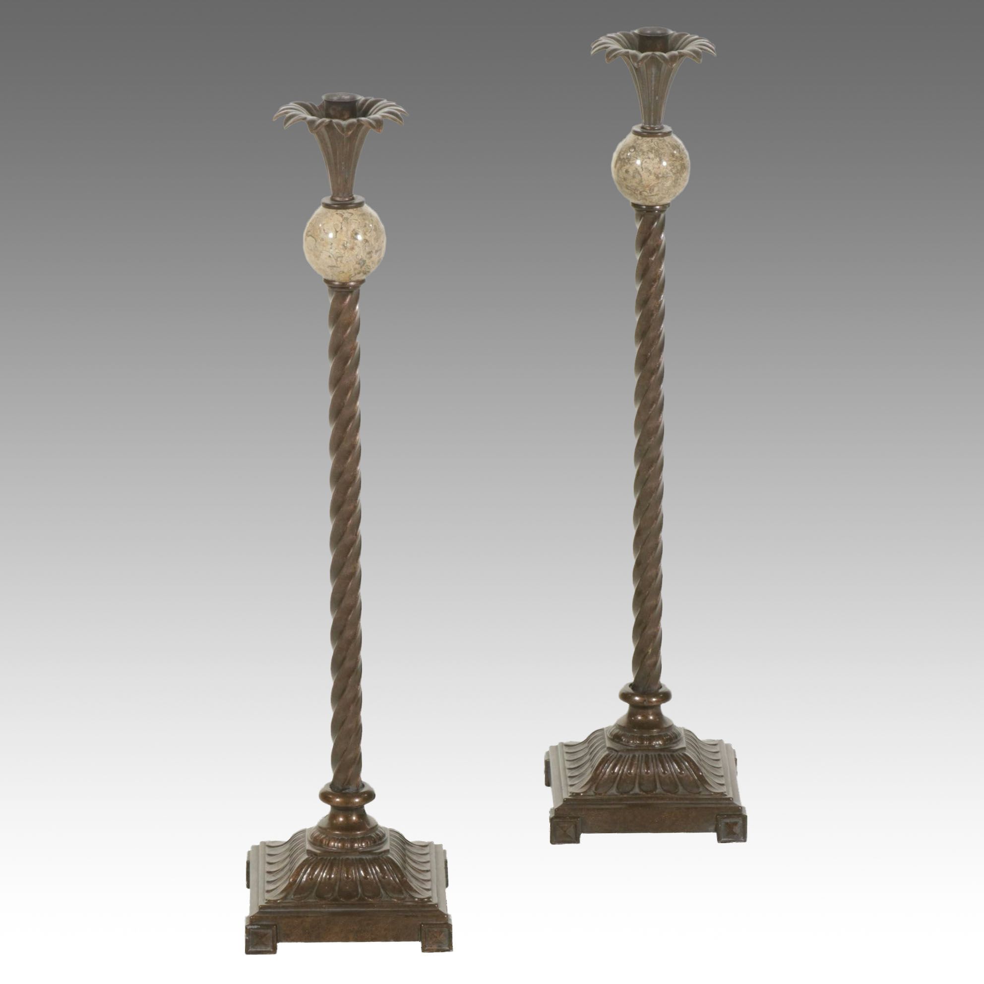 Bronzed Metal Spiral and Travertine Orb Candlesticks