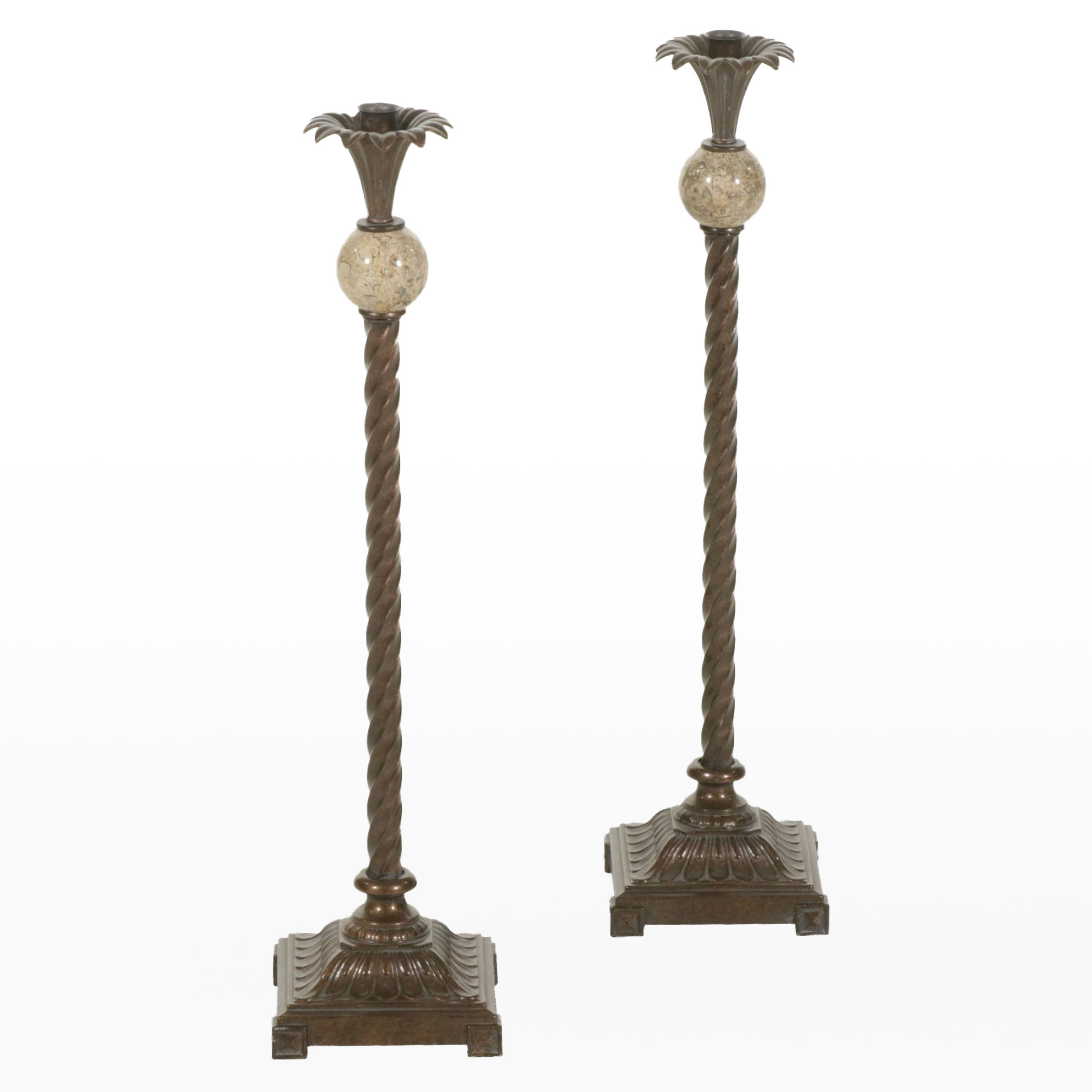 Bronzed Metal Spiral and Travertine Orb Candlesticks