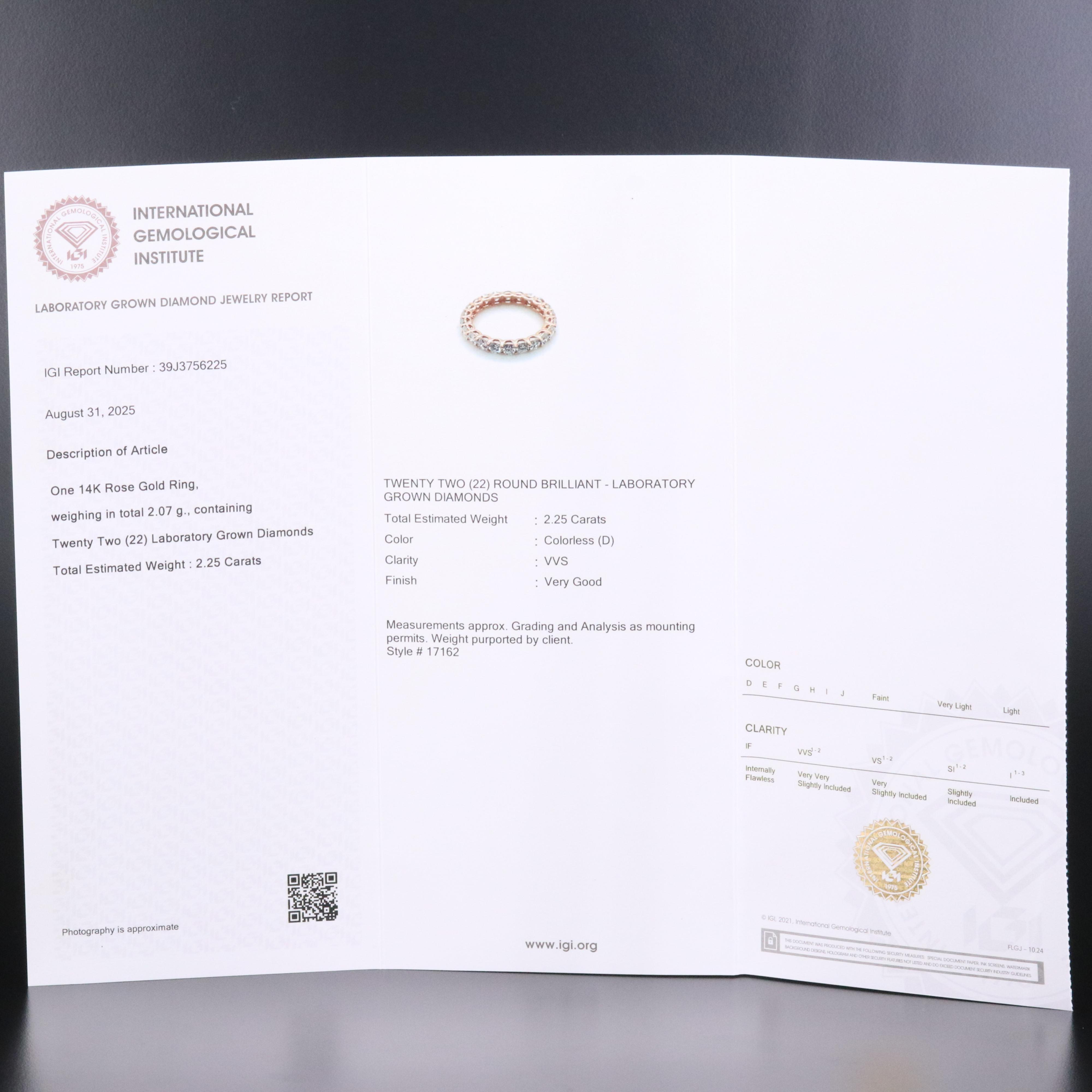 14K Rose Gold 2.25 CTW Lab Grown Diamond Eternity Band with IGI Jewelry Report