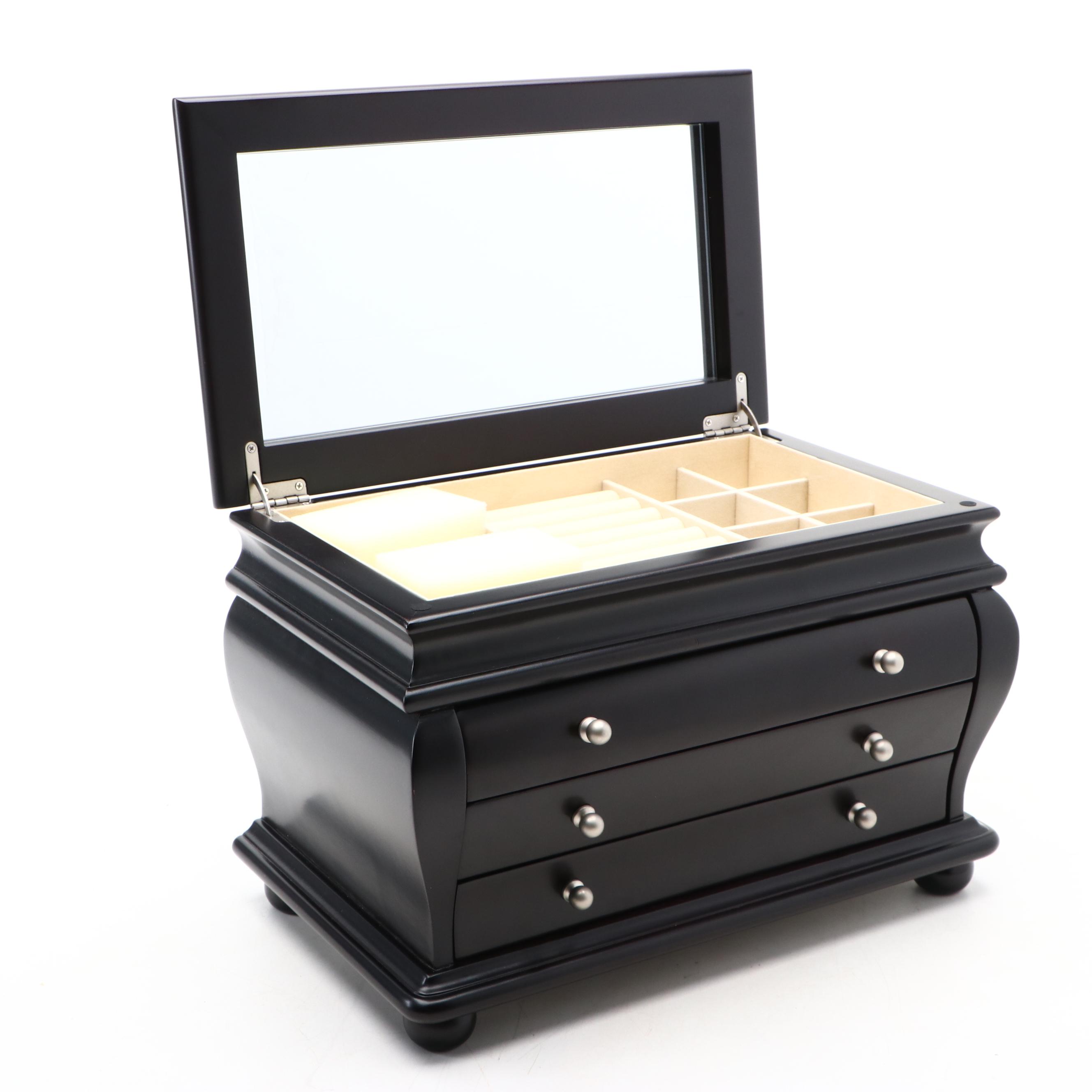 Things Remembered Satin Black Finish Bombé Wood Jewelry Chest
