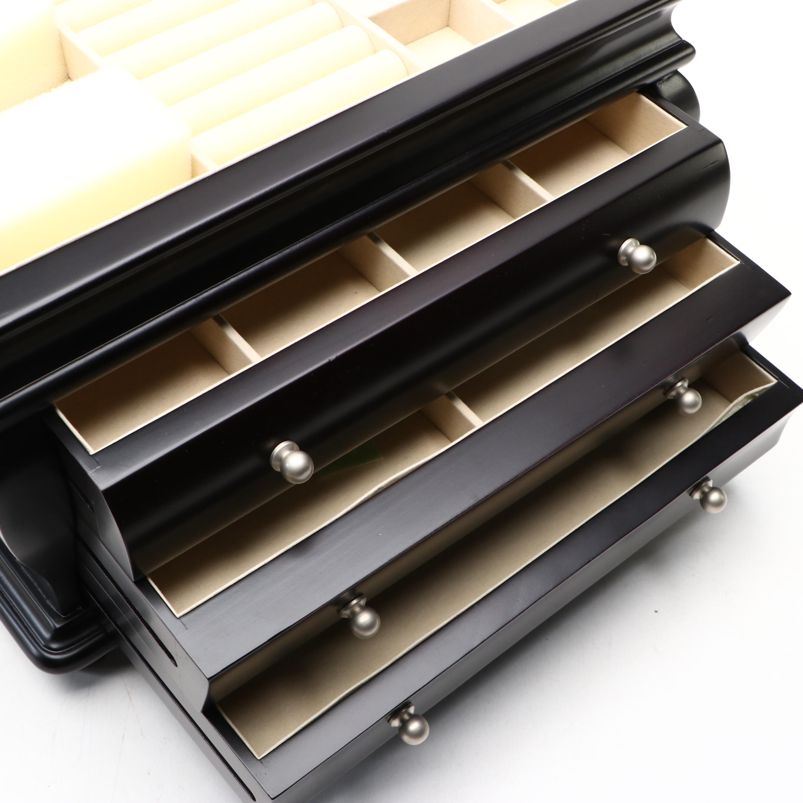 Things Remembered Satin Black Finish Bombé Wood Jewelry Chest