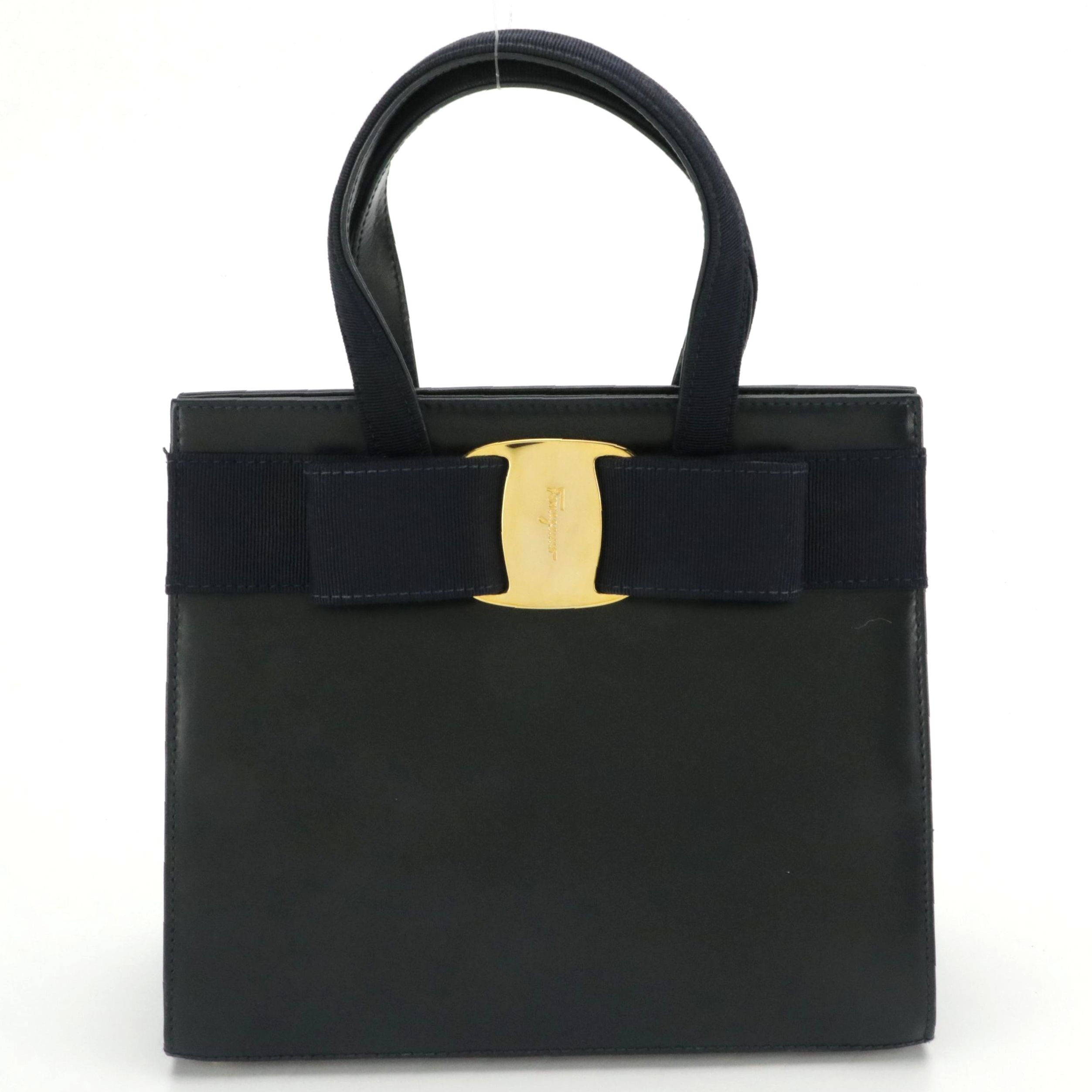 Salvatore Ferragamo Navy Blue Leather Vara Bow Two-Way Bag