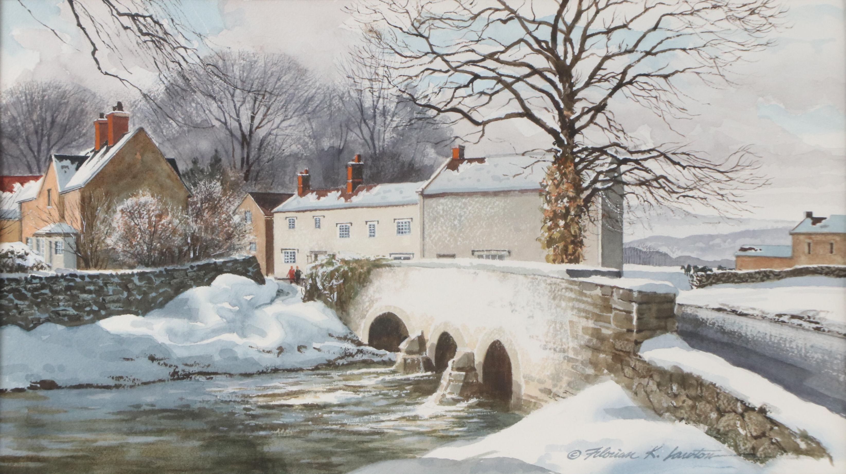 Florian Lawton Landscape Watercolor Painting "Cotswold Winter," Late 20th C.