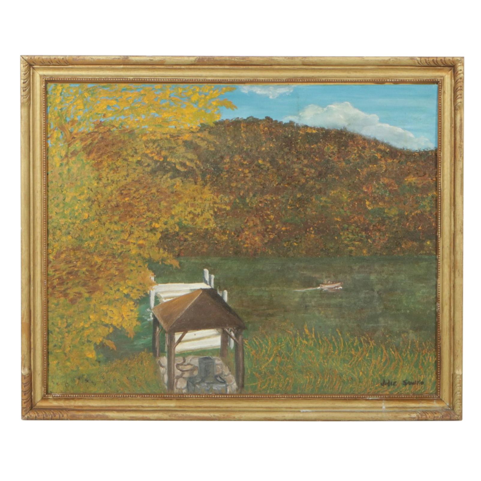 Julie Sowko River Landscape with Boat Dock, Mid to Late 20th Century