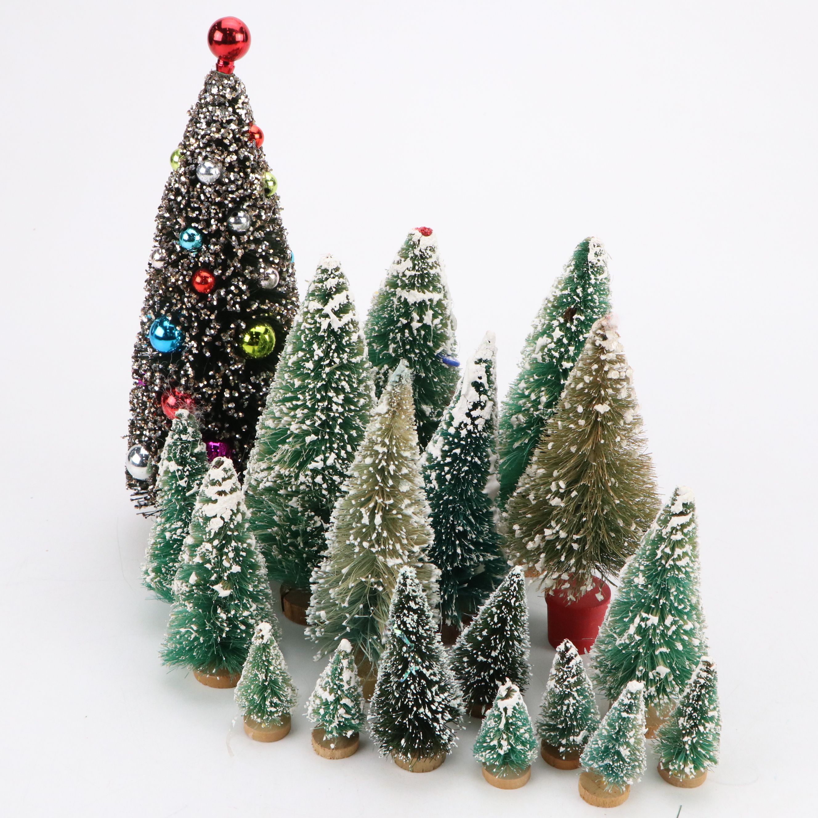 Miniature Christmas Pine Trees with Ornaments, Mid to Late 20th Century