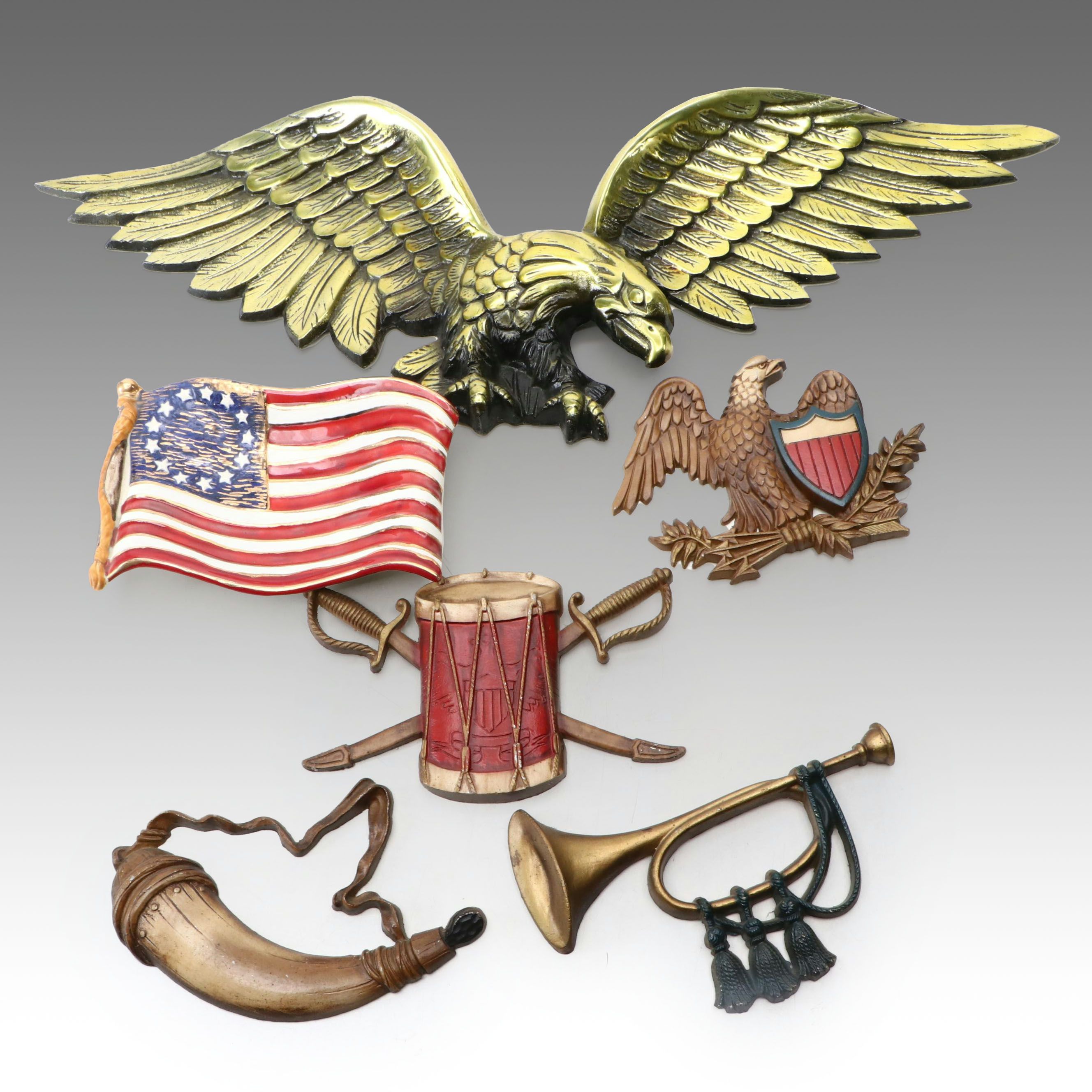 Sexton Painted Cast Metal Wall Plaques with Federal Style Eagle and Other Decor