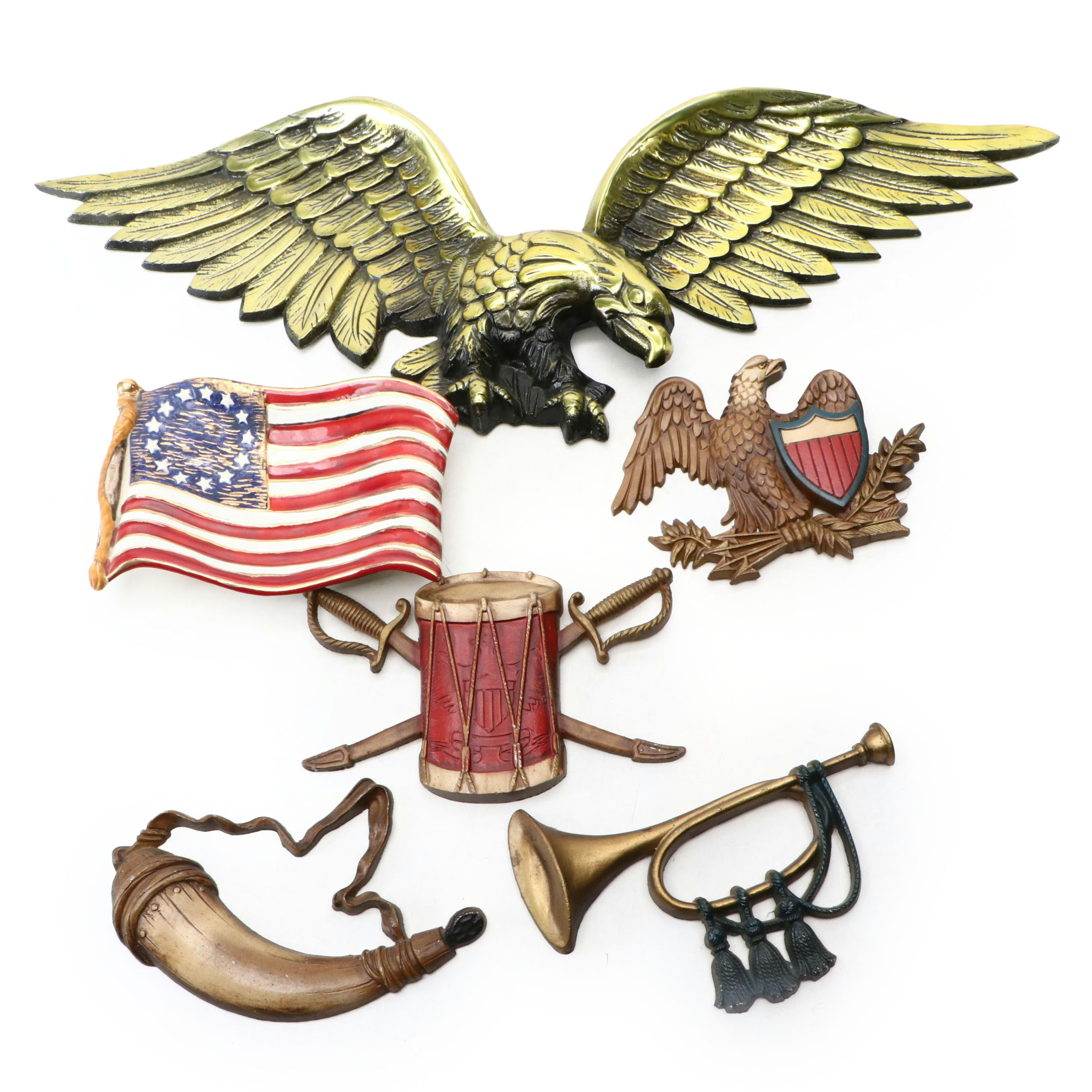 Sexton Painted Cast Metal Wall Plaques with Federal Style Eagle and Other Decor