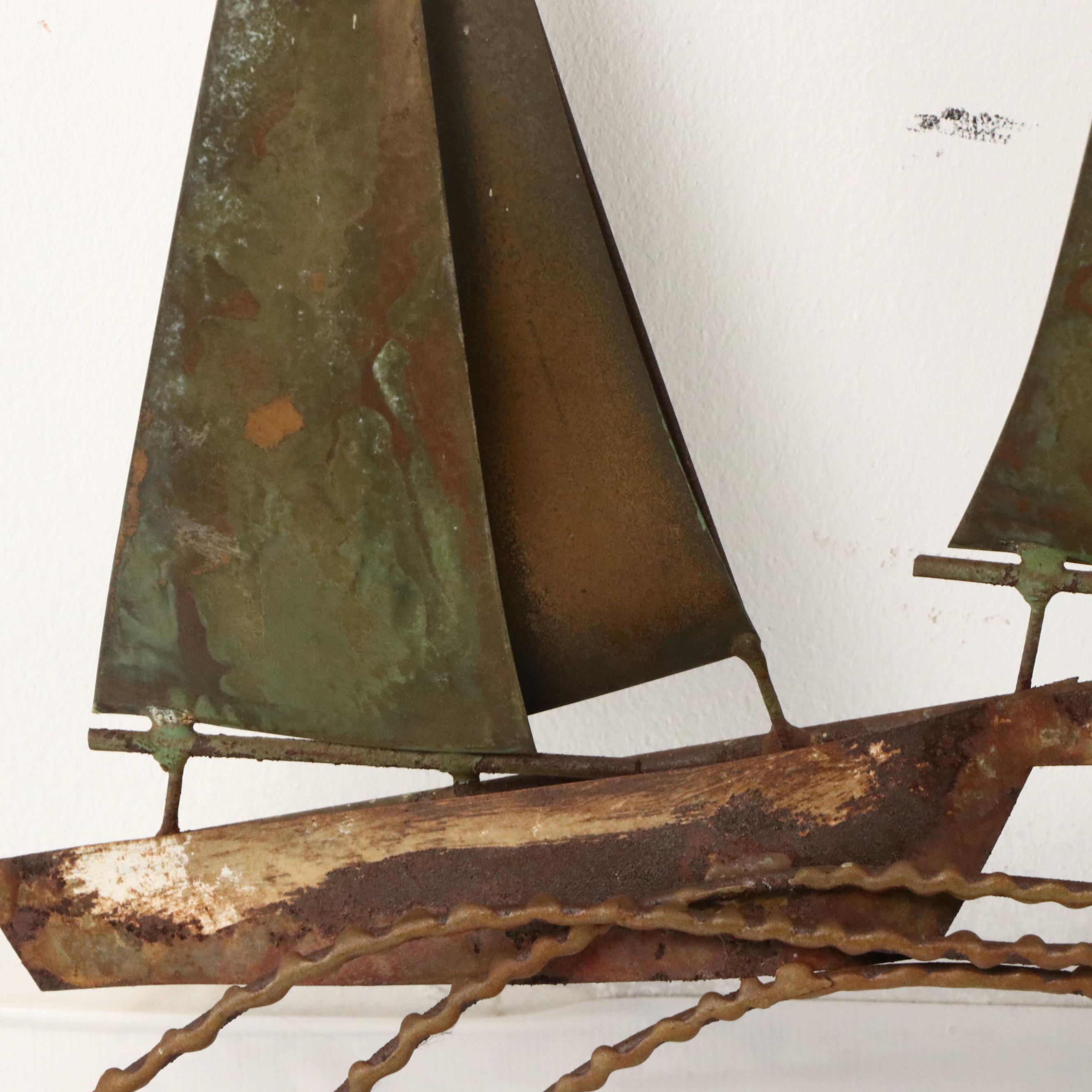 Curtis Jeré Brass and Copper Wall Sculpture of Sailboats, 1968