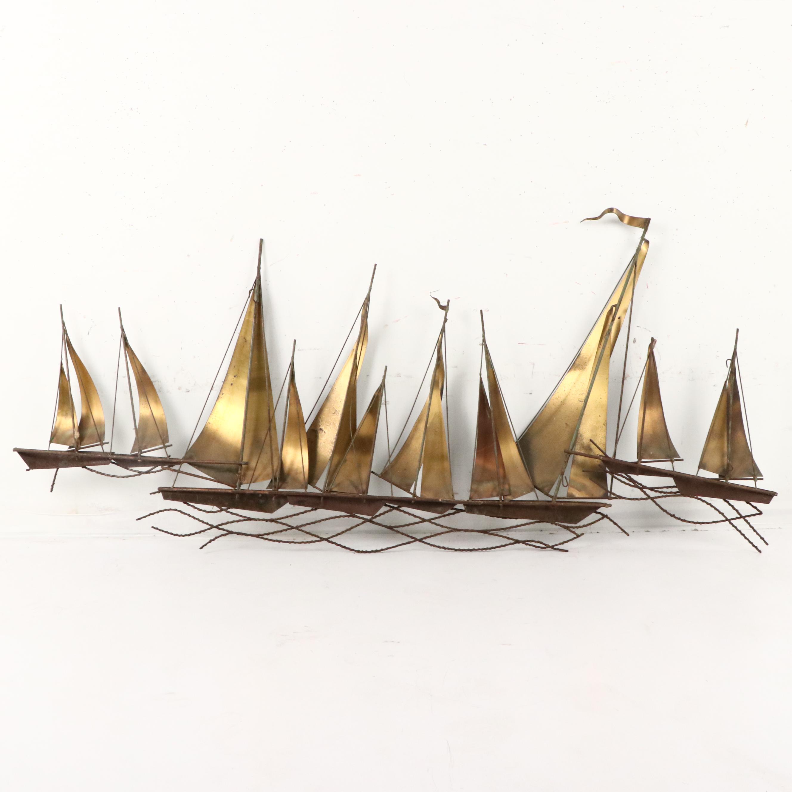 Curtis Jeré Brass and Copper Wall Sculpture of Sailboats, 1968