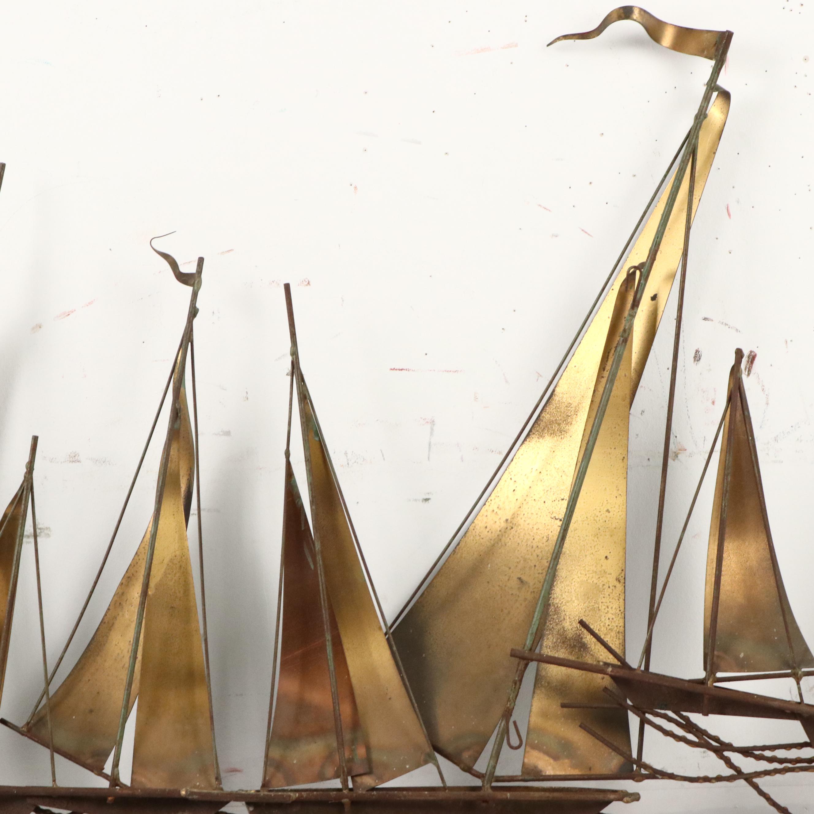 Curtis Jeré Brass and Copper Wall Sculpture of Sailboats, 1968