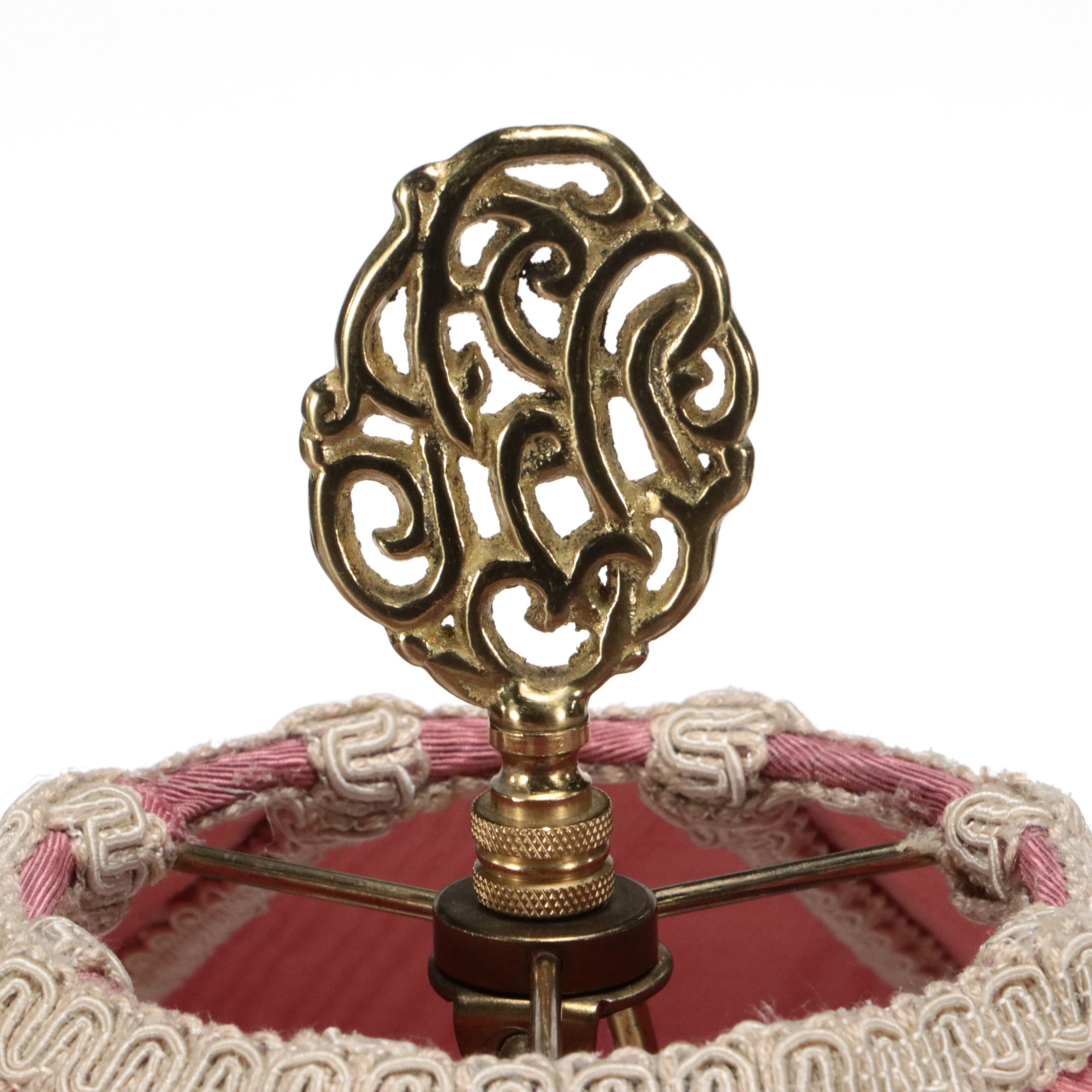 Cast Metal Table Lamp with Victorian Moire and Tassel Shade