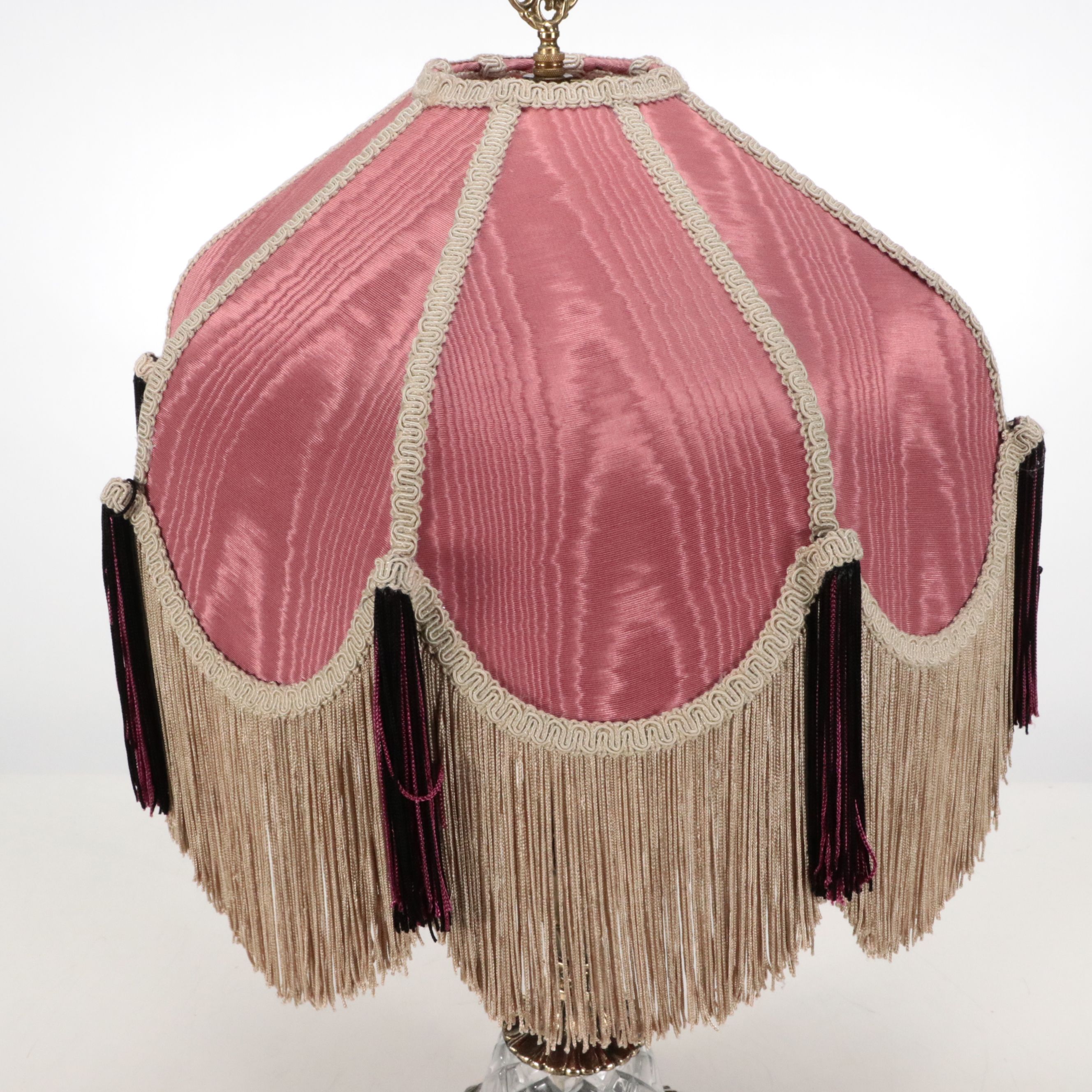 Cast Metal Table Lamp with Victorian Moire and Tassel Shade