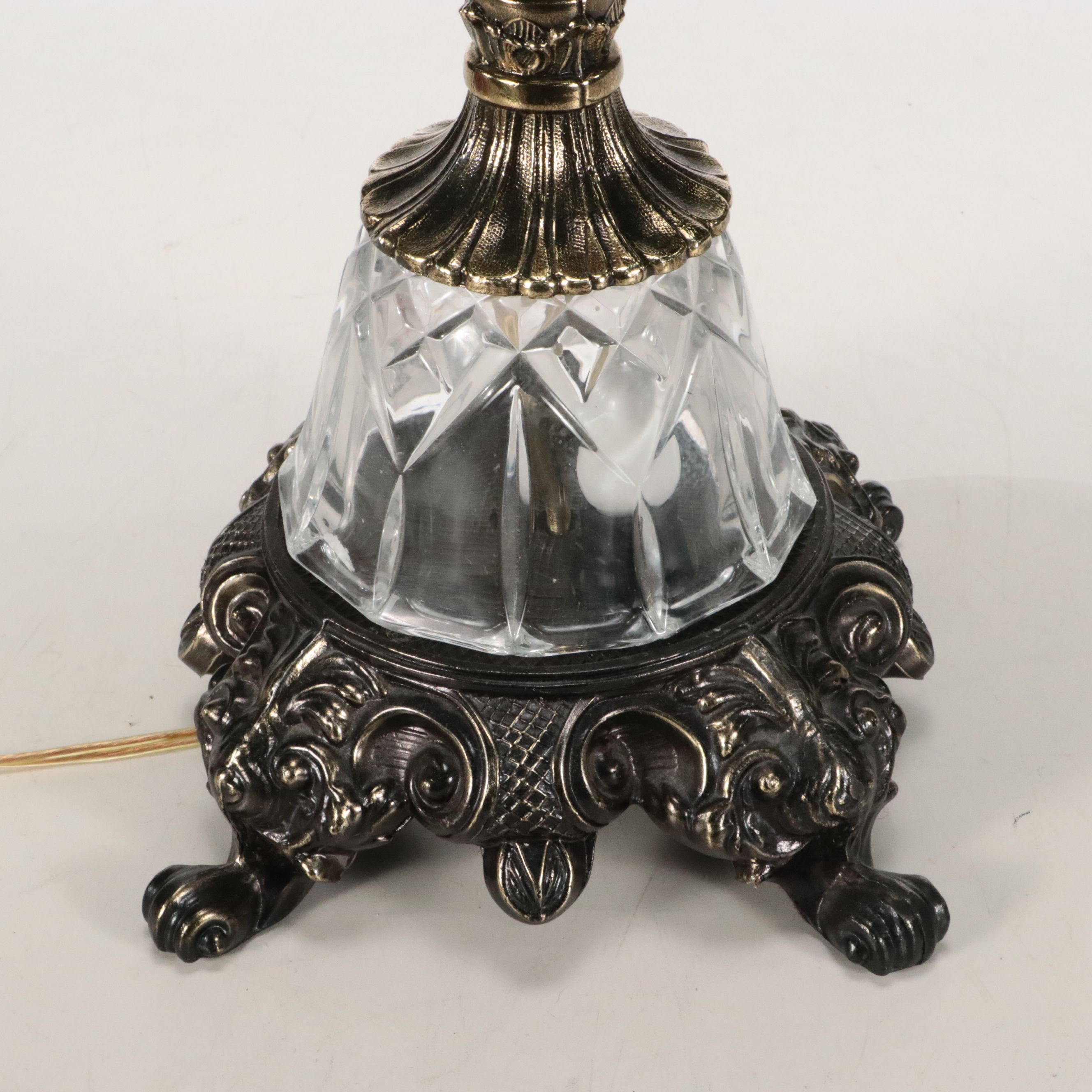 Cast Metal Table Lamp with Victorian Moire and Tassel Shade
