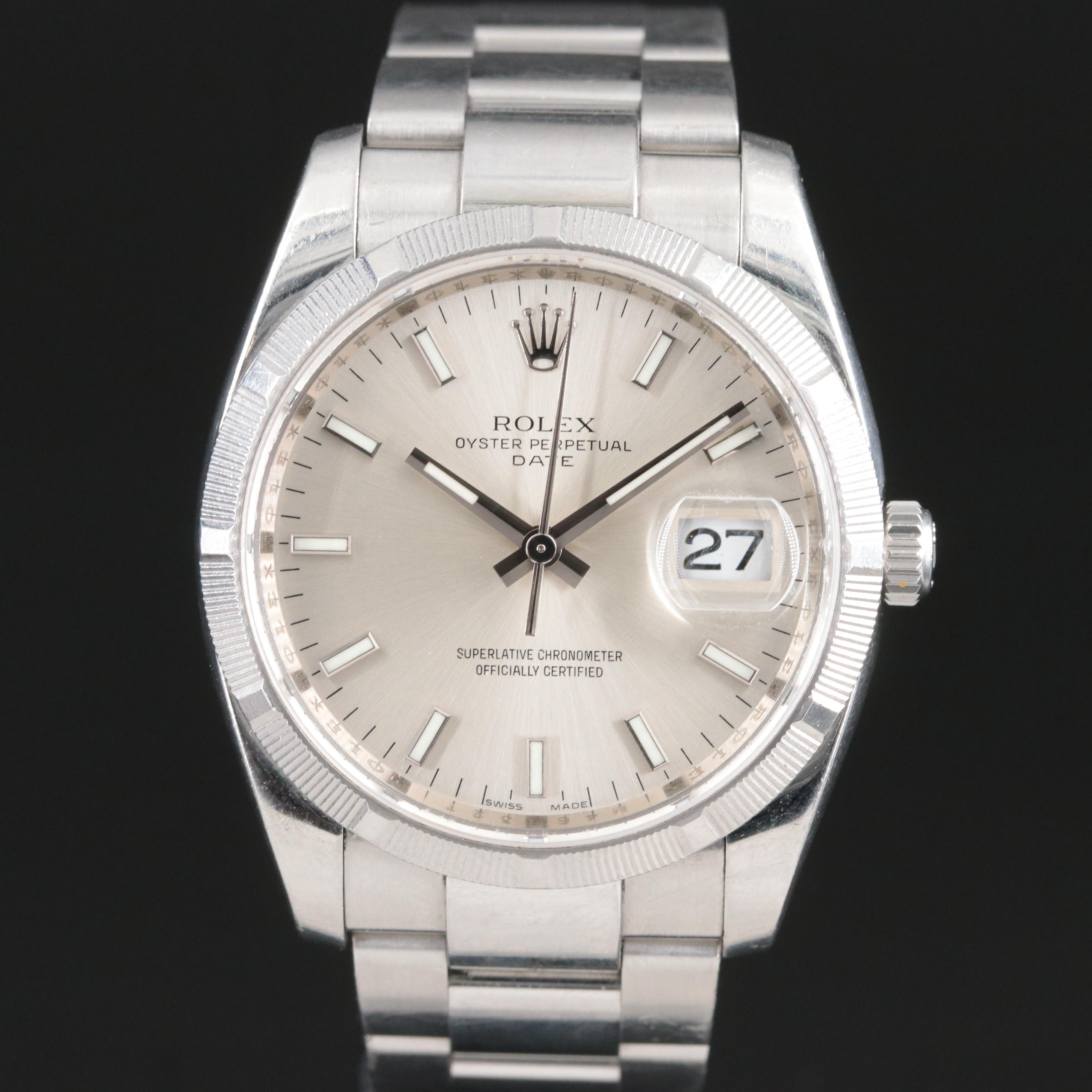 2007 Rolex Oyster Perpetual Date Engine Turned Bezel Watch