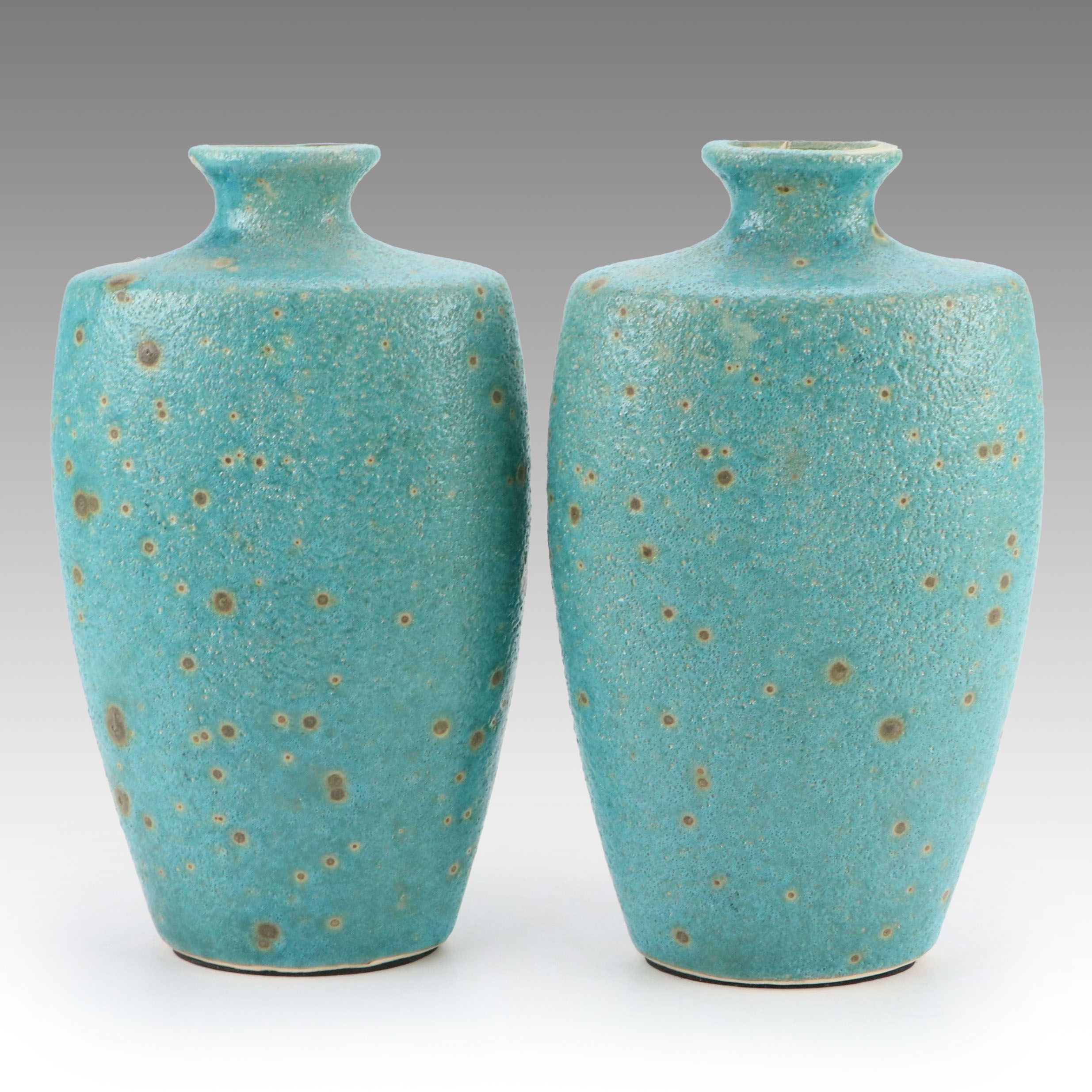 Pair of Oval Ceramic Turquoise Bubble Glaze Vases