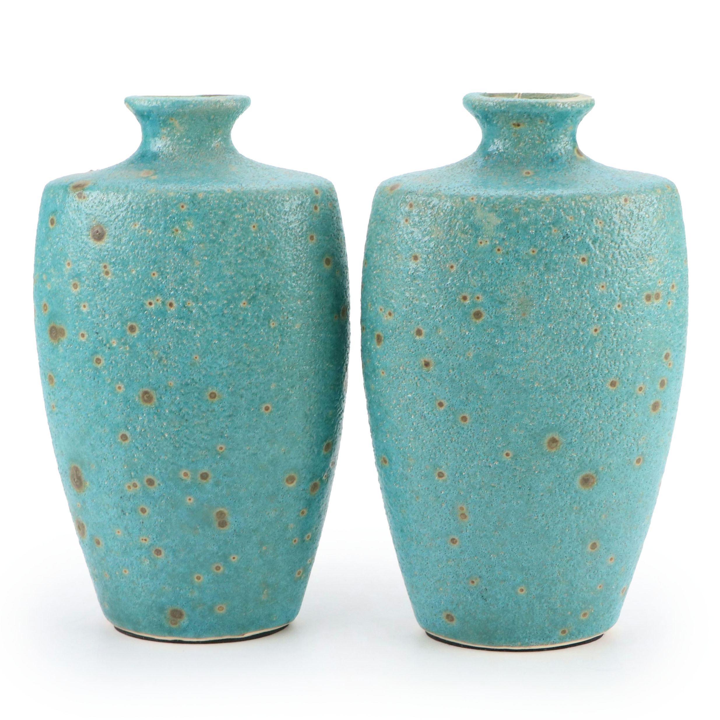Pair of Oval Ceramic Turquoise Bubble Glaze Vases