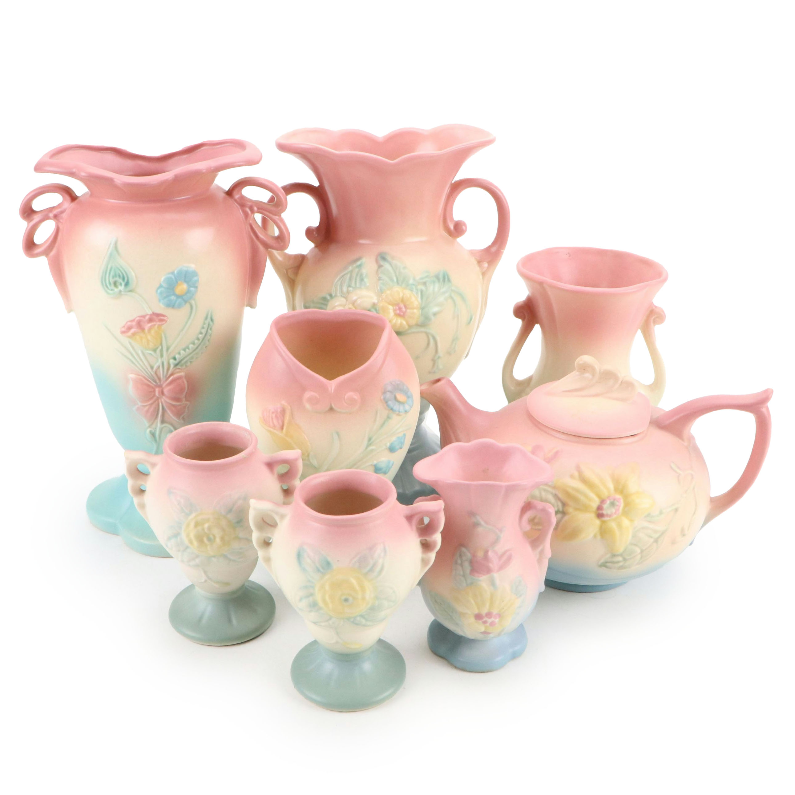 Hull Art Floral Ceramic Vases and Teapot, Mid-20th Century
