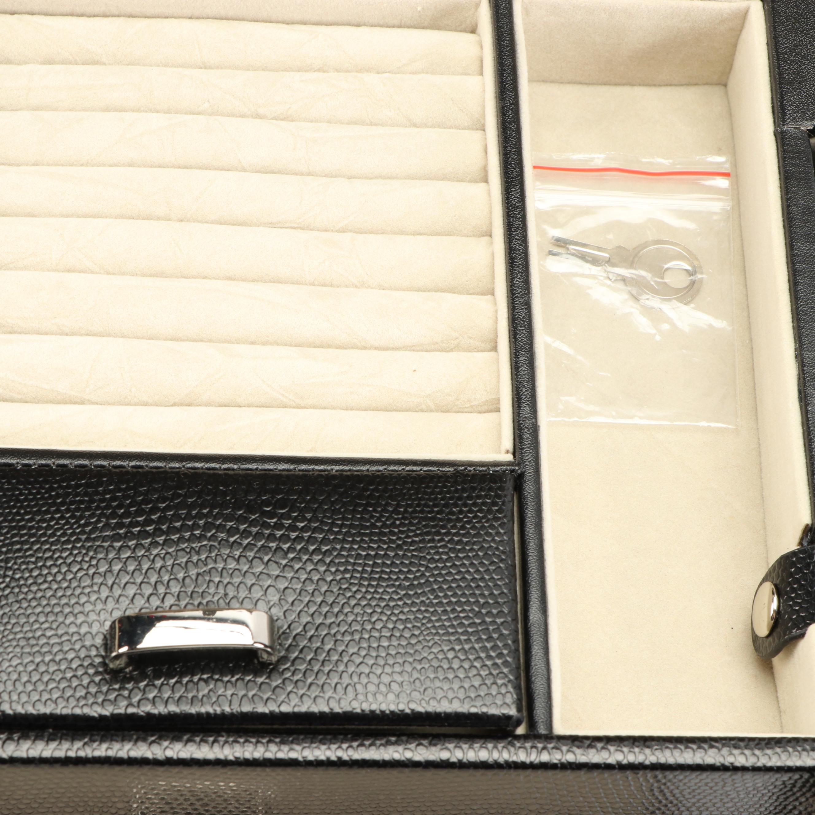 Bey-Berk Black Embossed Leather Locking Jewelry Box