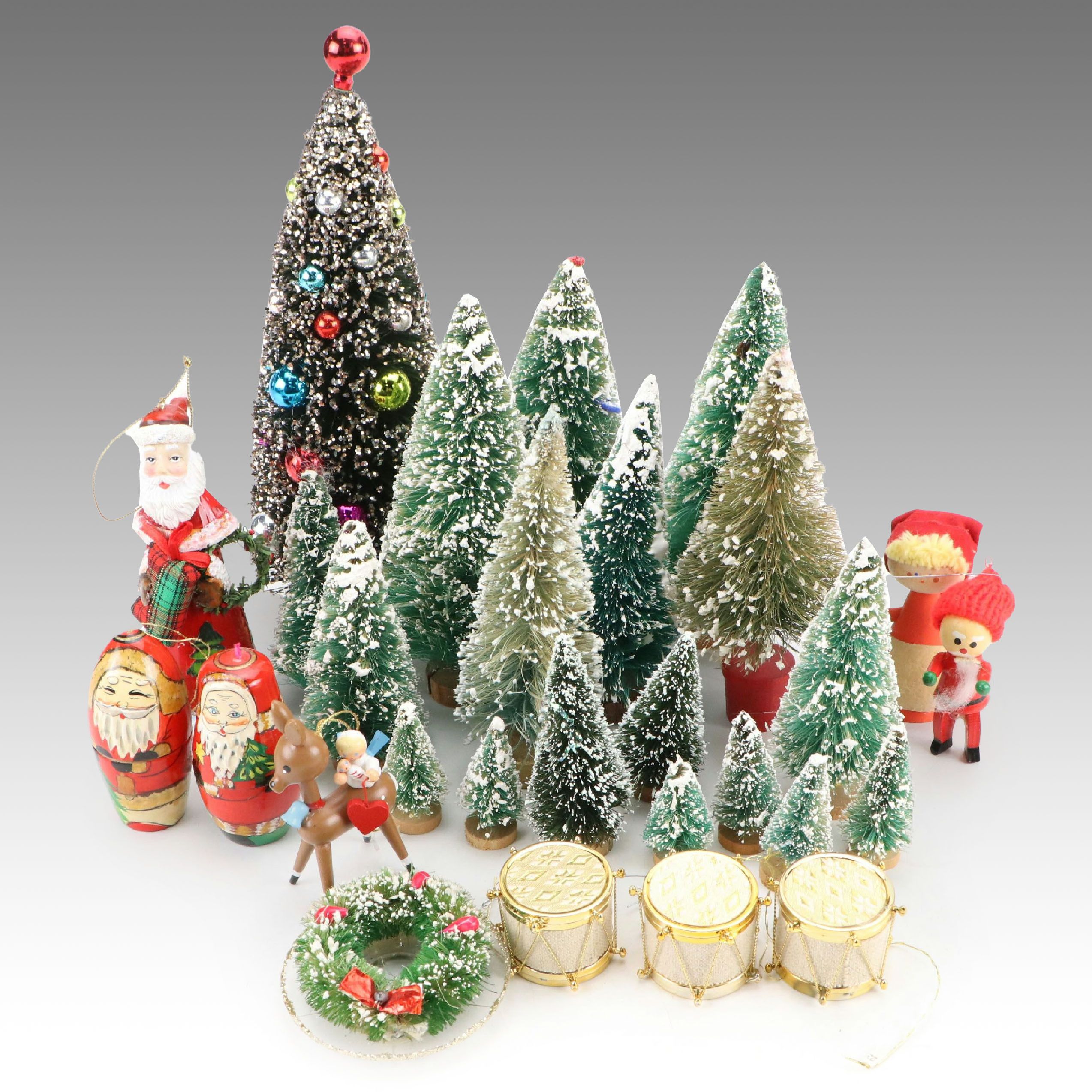 Miniature Christmas Pine Trees with Ornaments, Mid to Late 20th Century