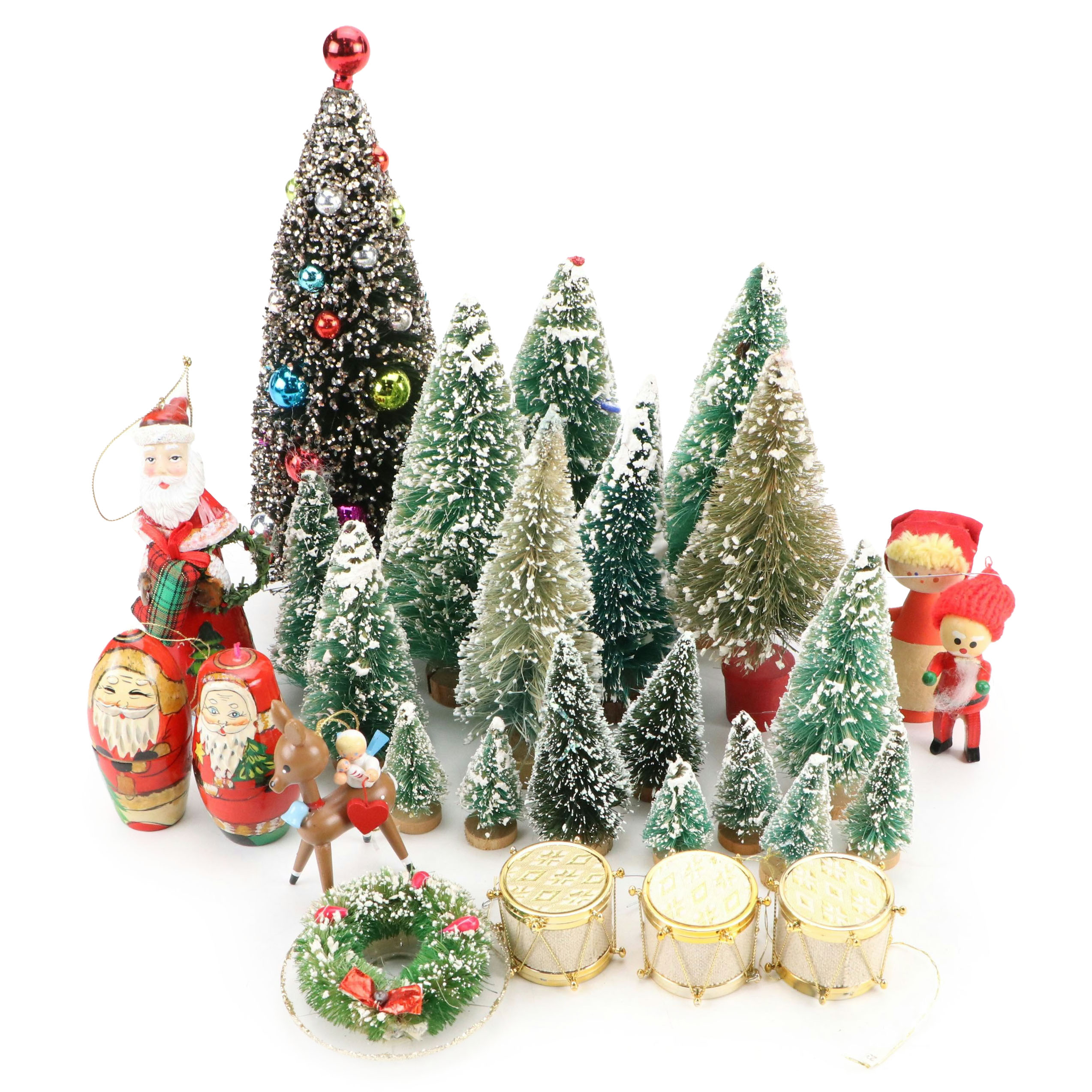 Miniature Christmas Pine Trees with Ornaments, Mid to Late 20th Century