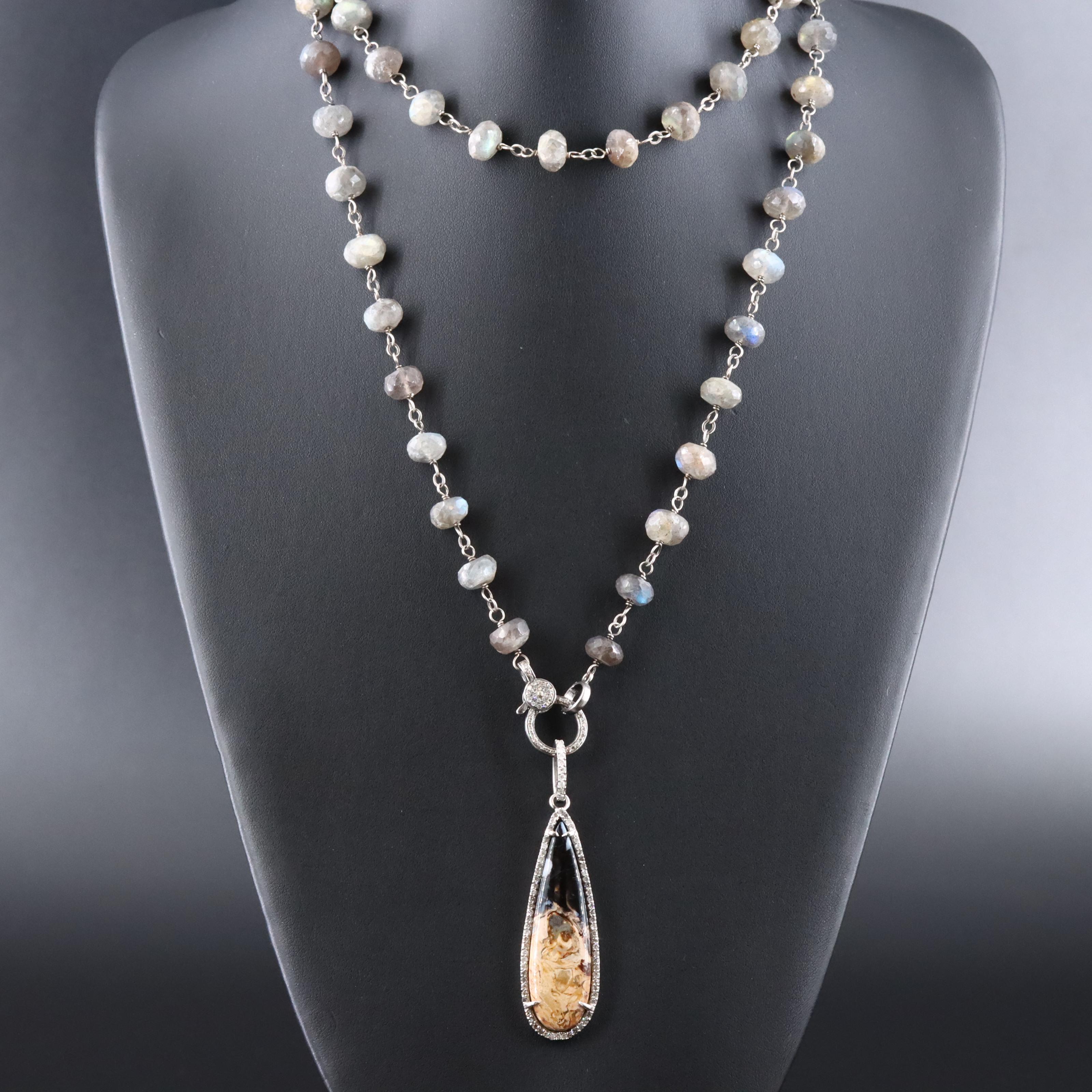 Sheryl Lowe Sterling Labradorite Necklace and Fossilized Palm Root Drop Pendant
