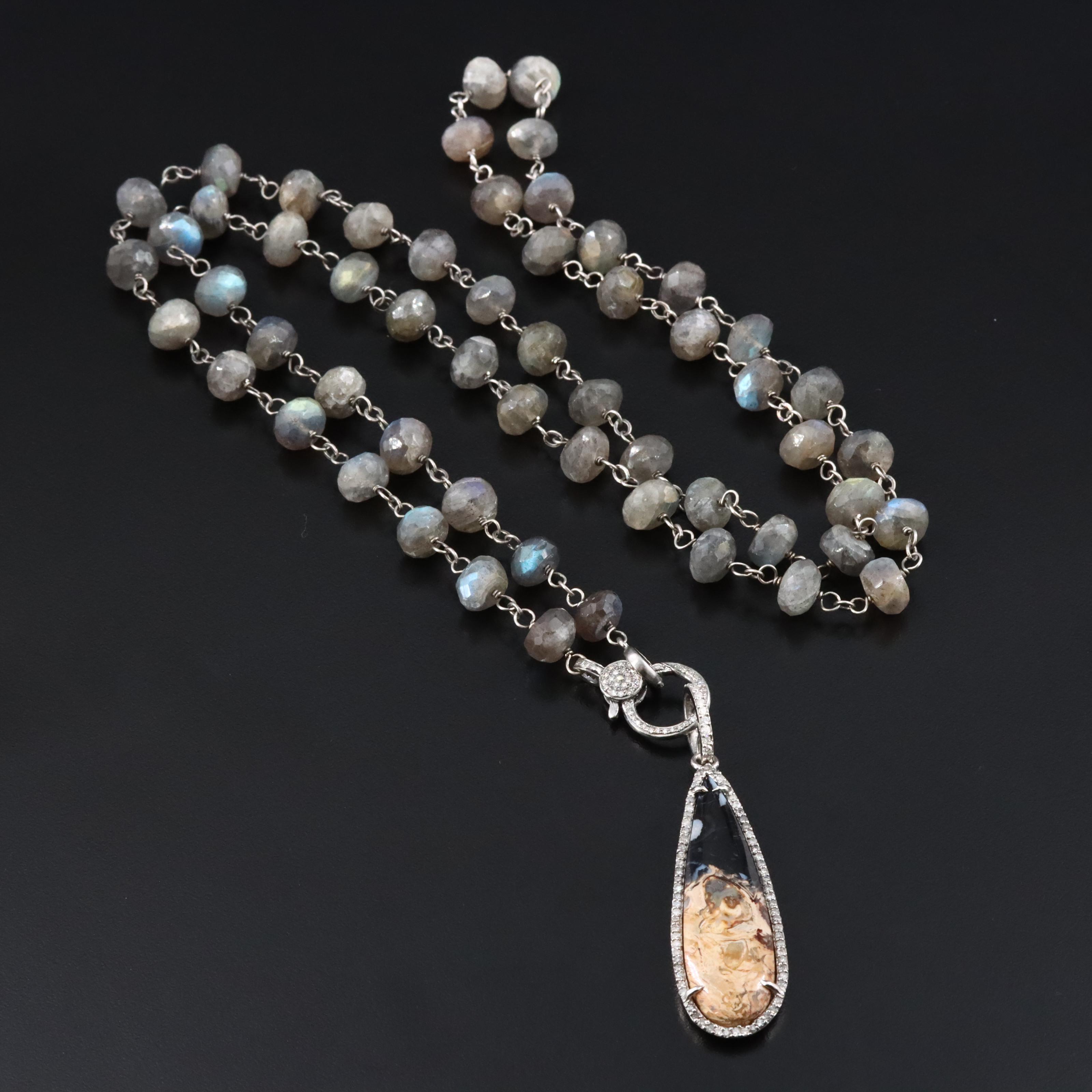 Sheryl Lowe Sterling Labradorite Necklace and Fossilized Palm Root Drop Pendant