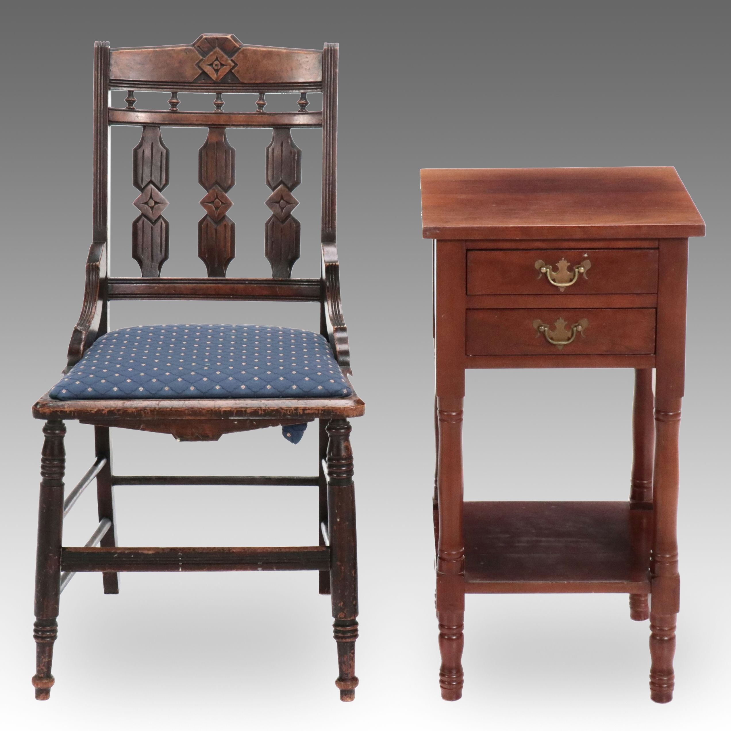 Eastlake Carved Walnut Side Chair with Two-Drawer Side Table