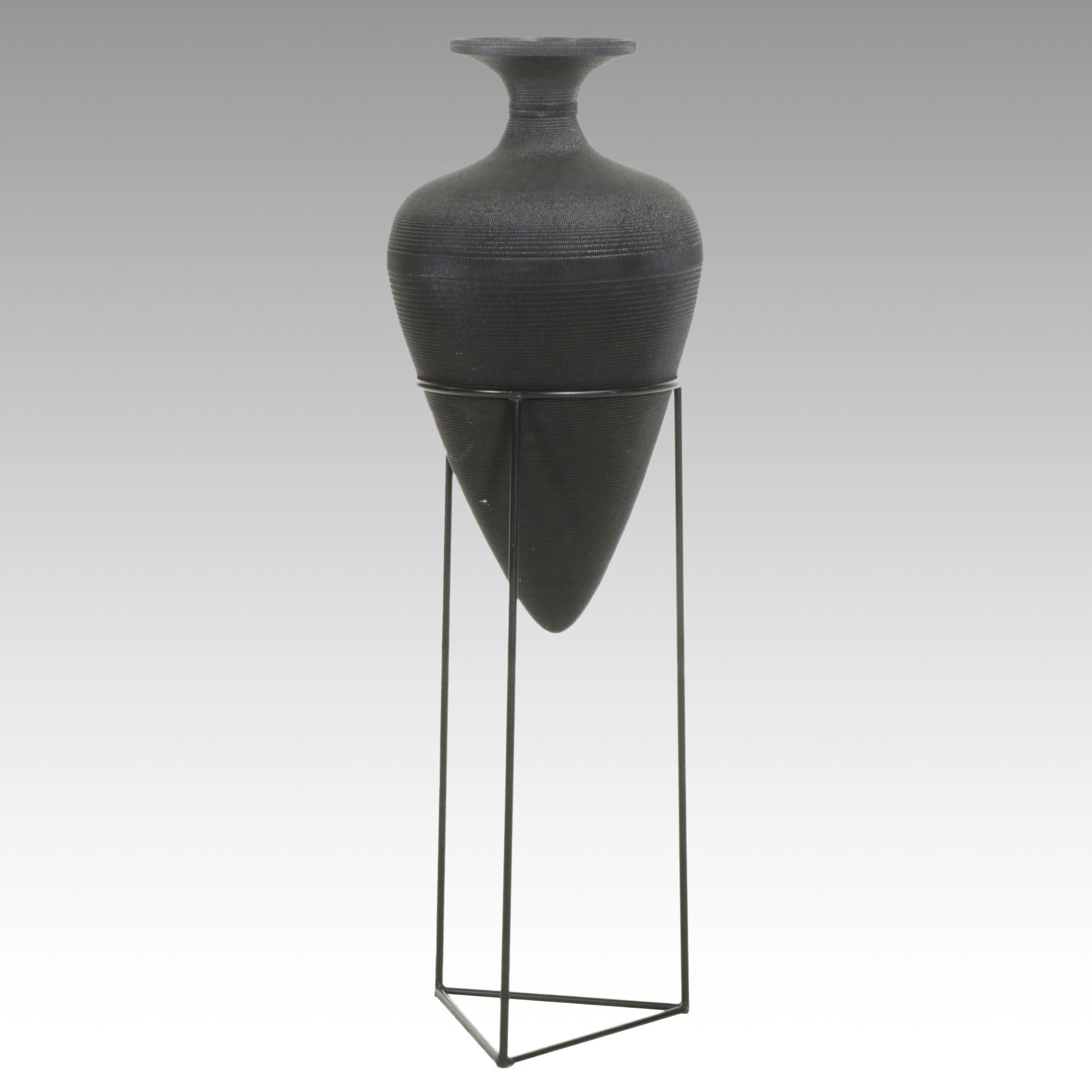 Black Corrugated Cardboard Amphora Floor Vase on Wire Stand