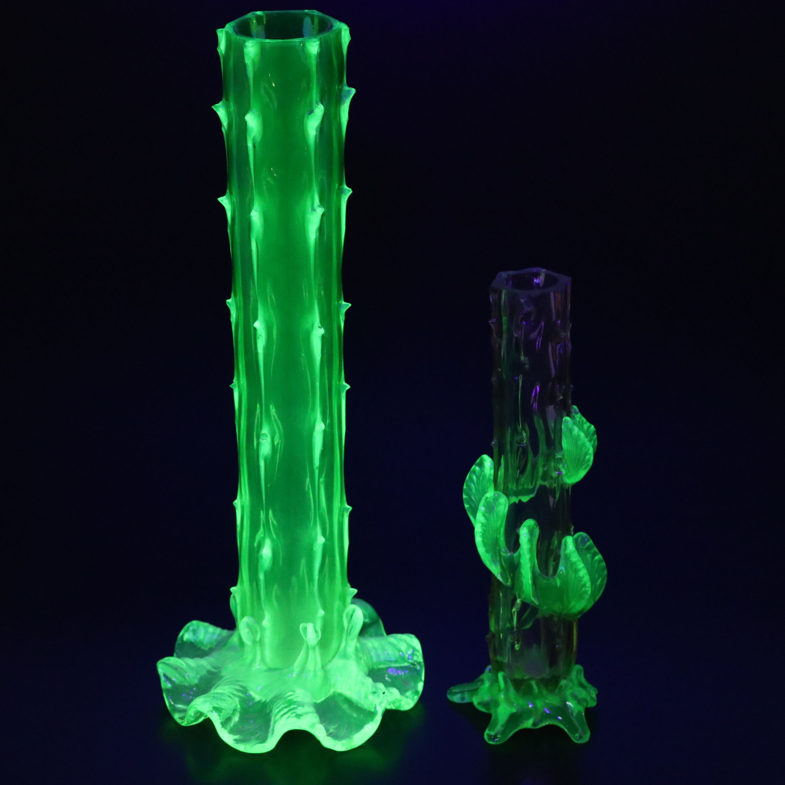Late Victorian Style Uranium Glass Thorn Vases, Antique