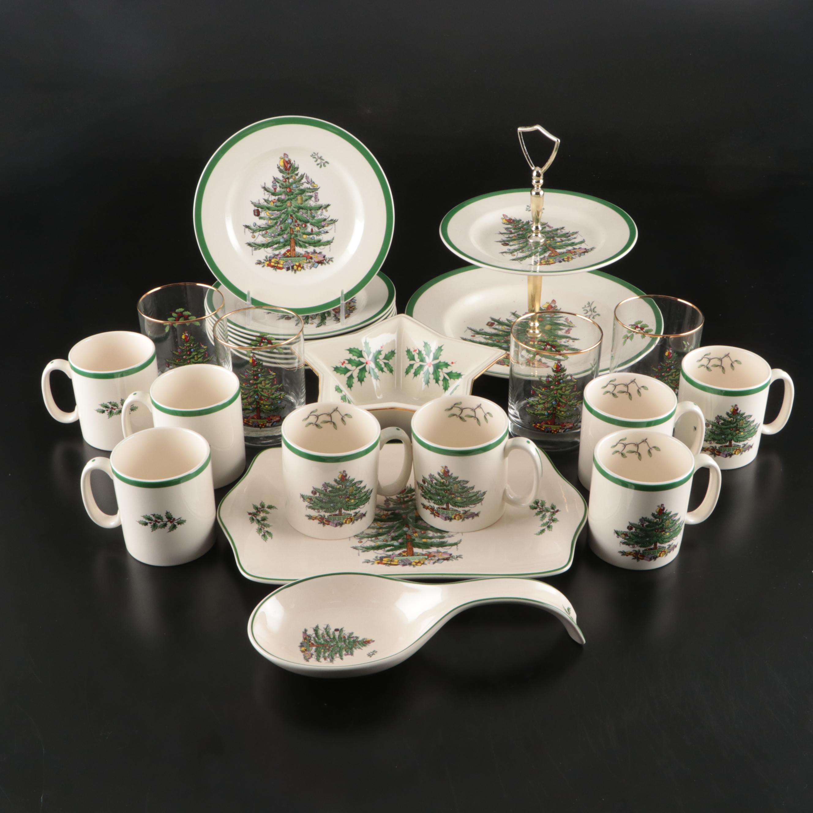 Spode "Christmas Tree" Ceramic and Glass Dinnerware with Lenox Porcelain Bowl