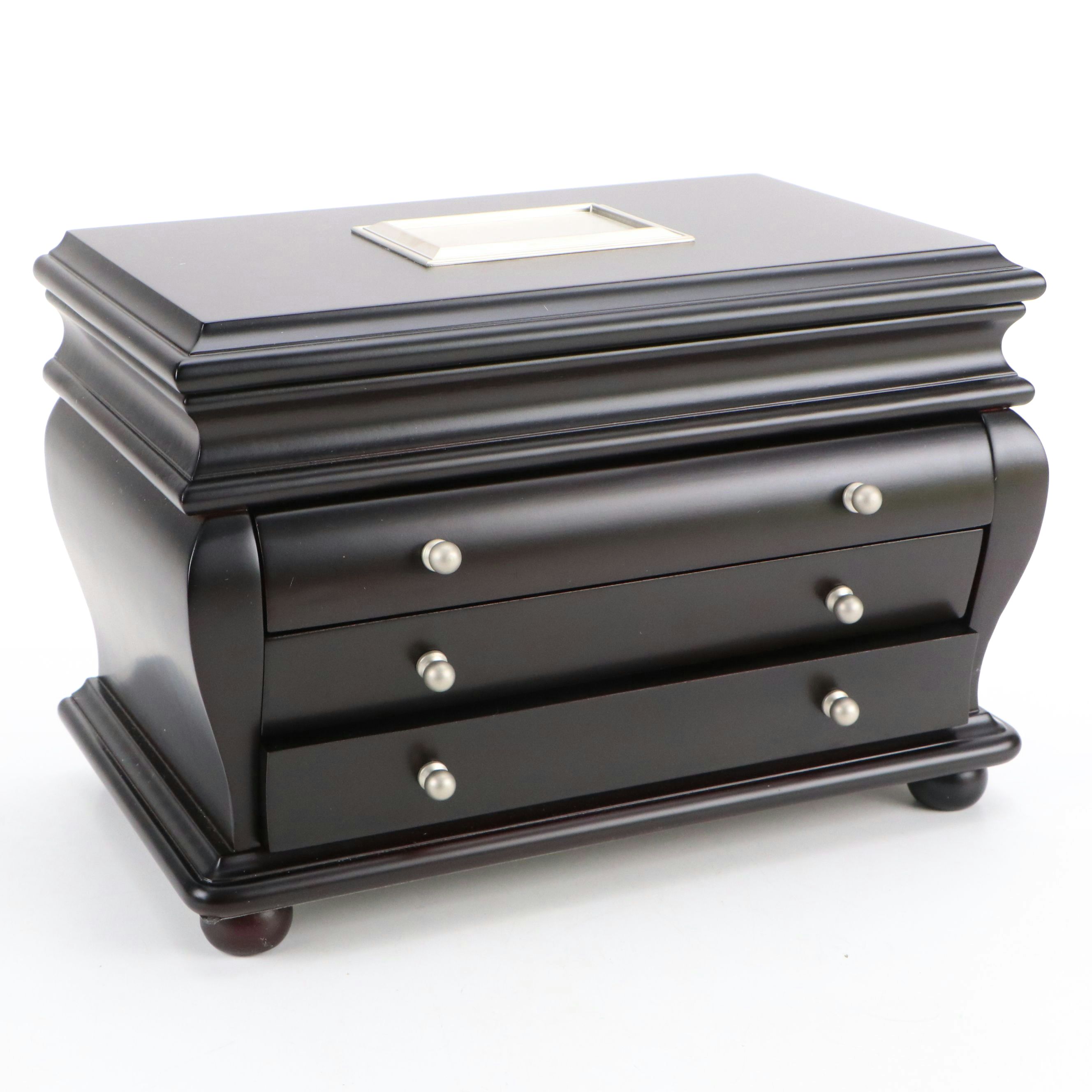 Things Remembered Satin Black Finish Bombé Wood Jewelry Chest