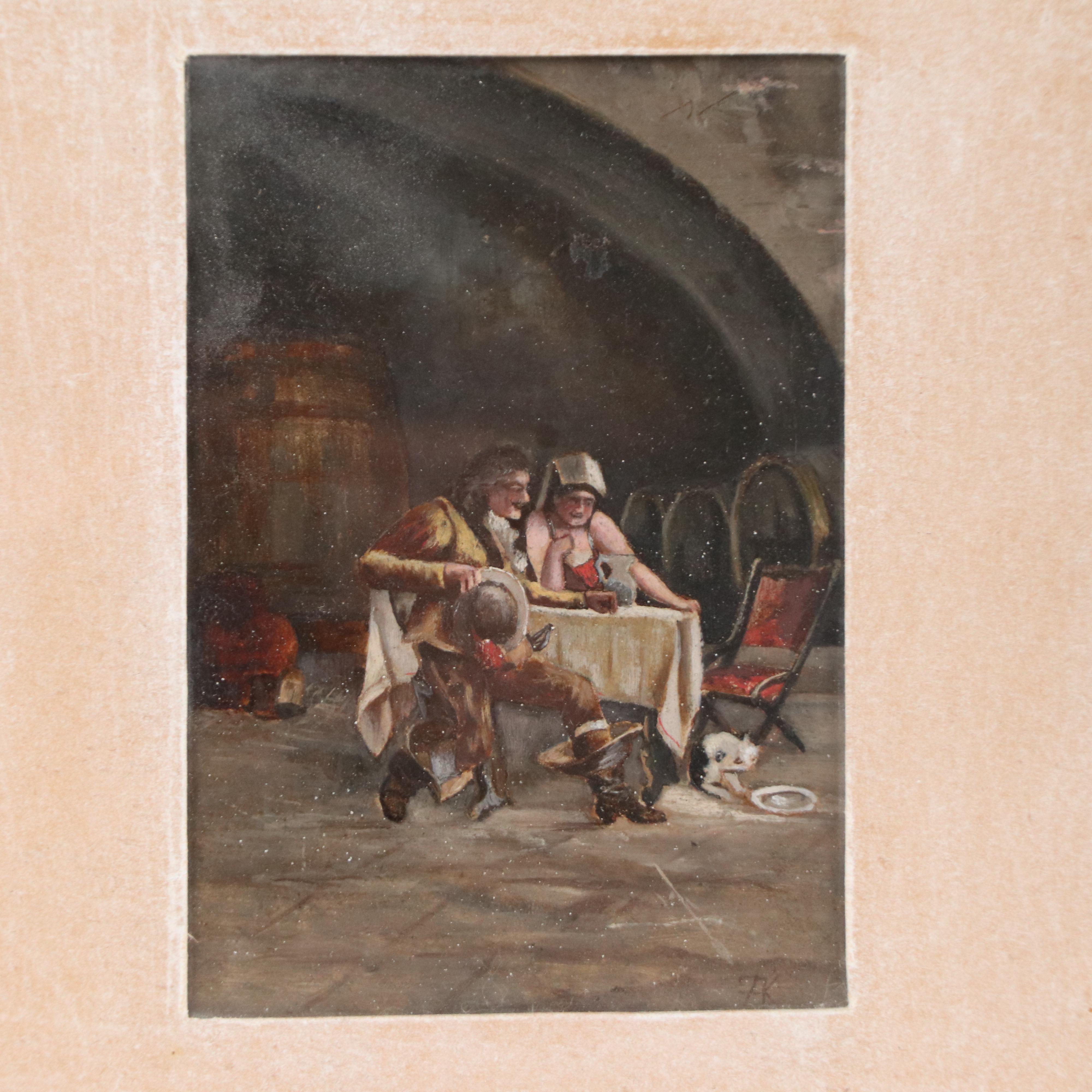 European School Tavern Interior Genre Oil Painting