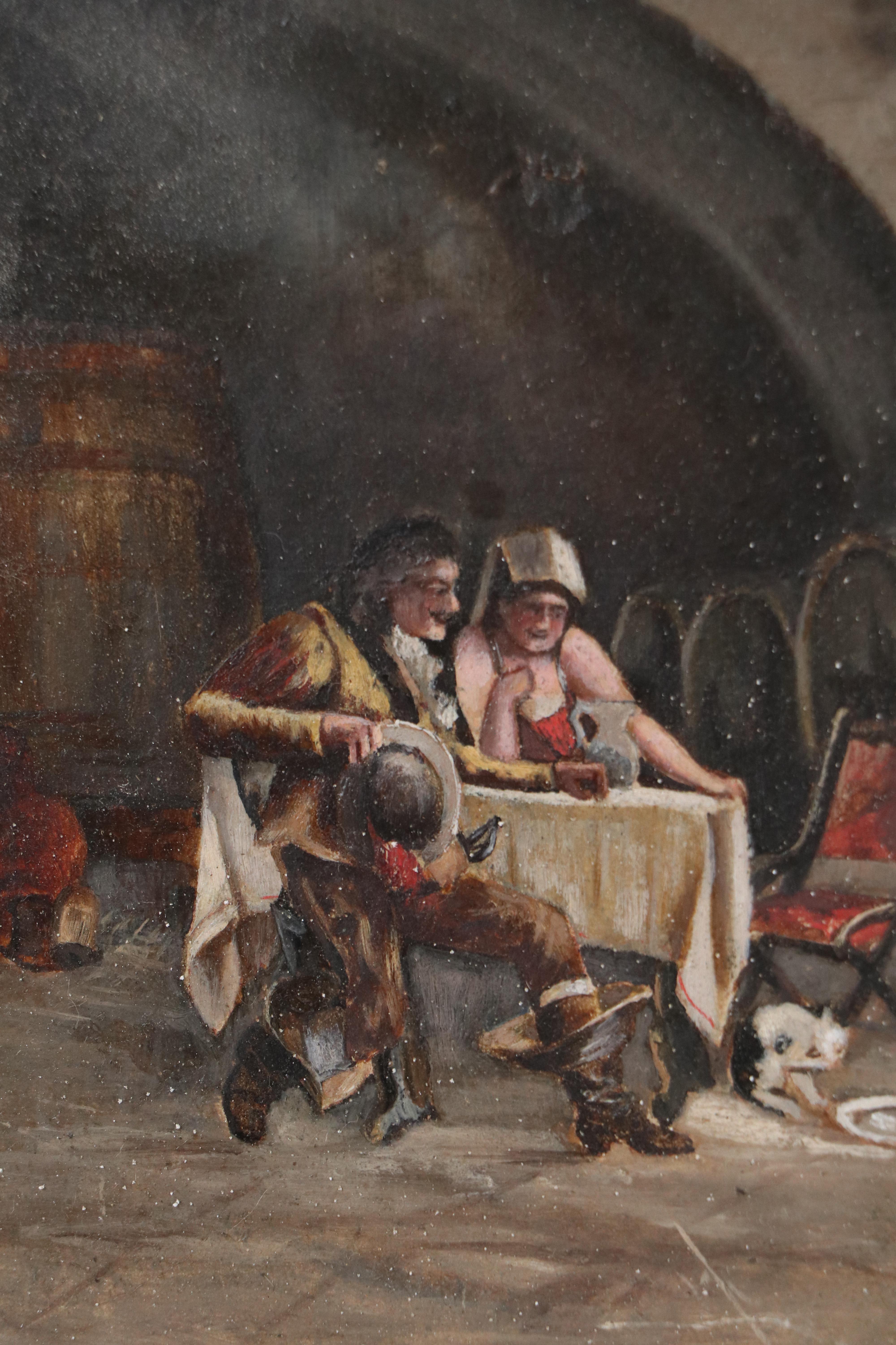 European School Tavern Interior Genre Oil Painting