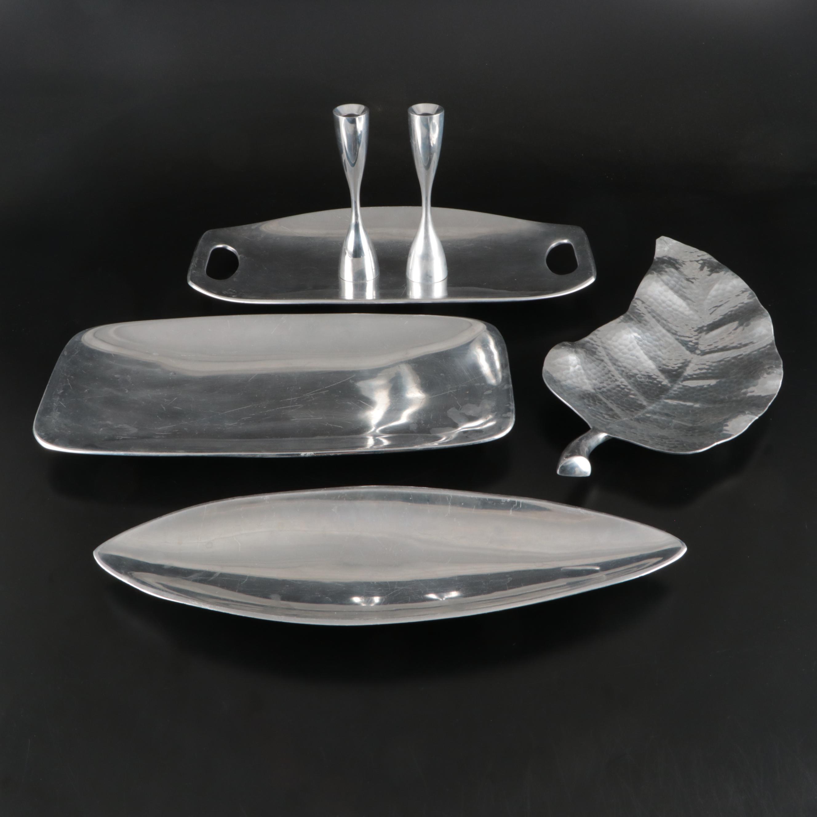 Modern Style Nambé Candlesticks and Chrome Serving Trays