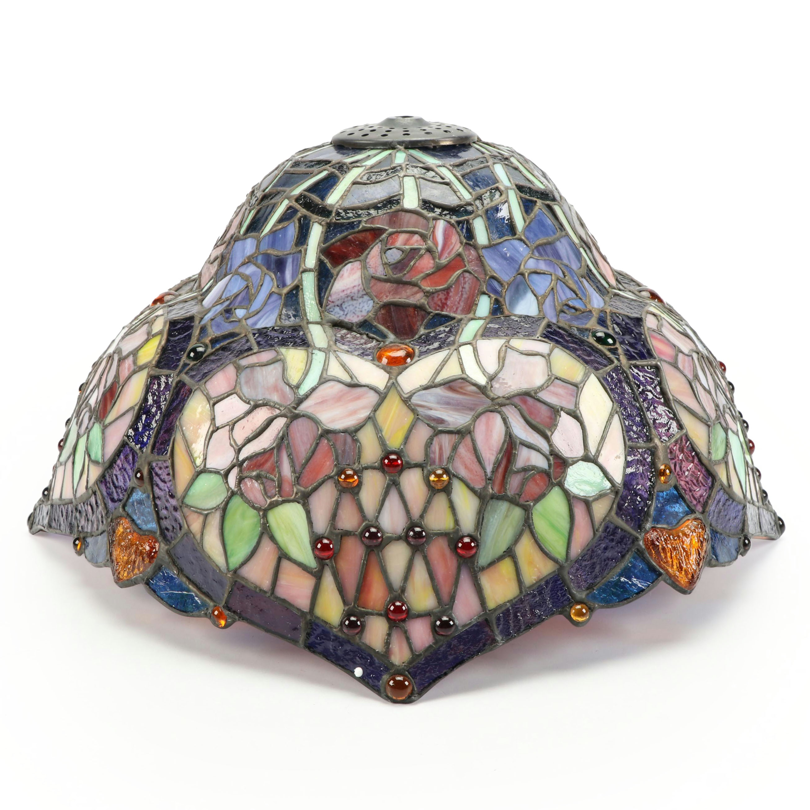 Art Nouveau Style Iridescent and Slag Glass Heart Panels Lamp Shade