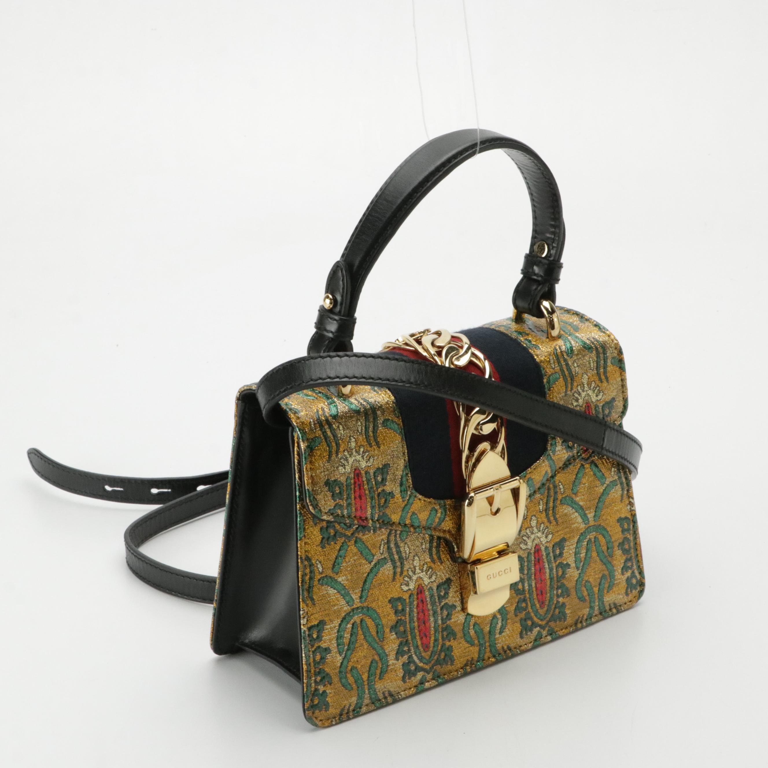 Gucci Sylvie Two-Way Bag in Metallic Brocade and Calfskin Leather