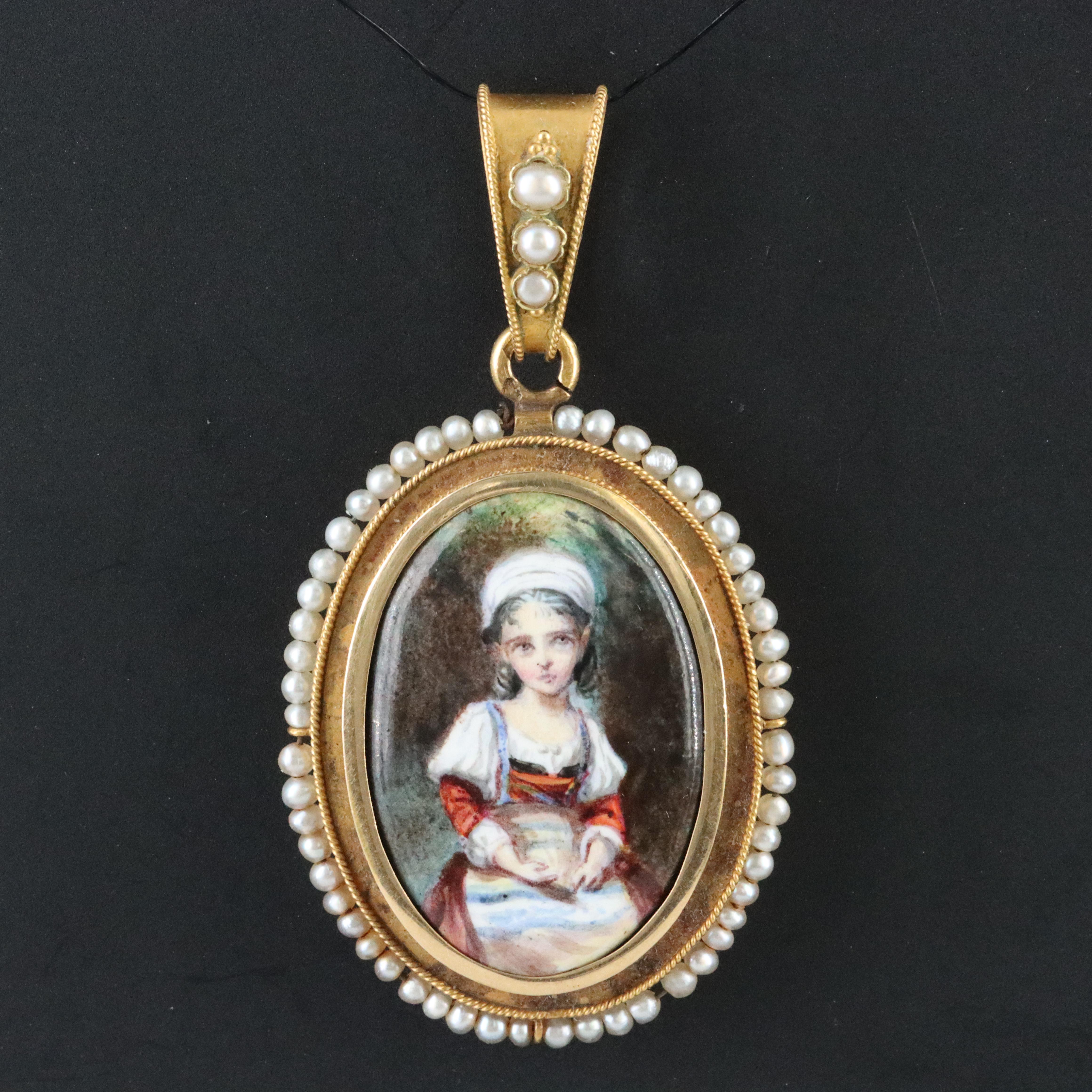 Mid-Victorian 18K Mother of Pearl Painted Portrait and Seed Pearl Locket & Box