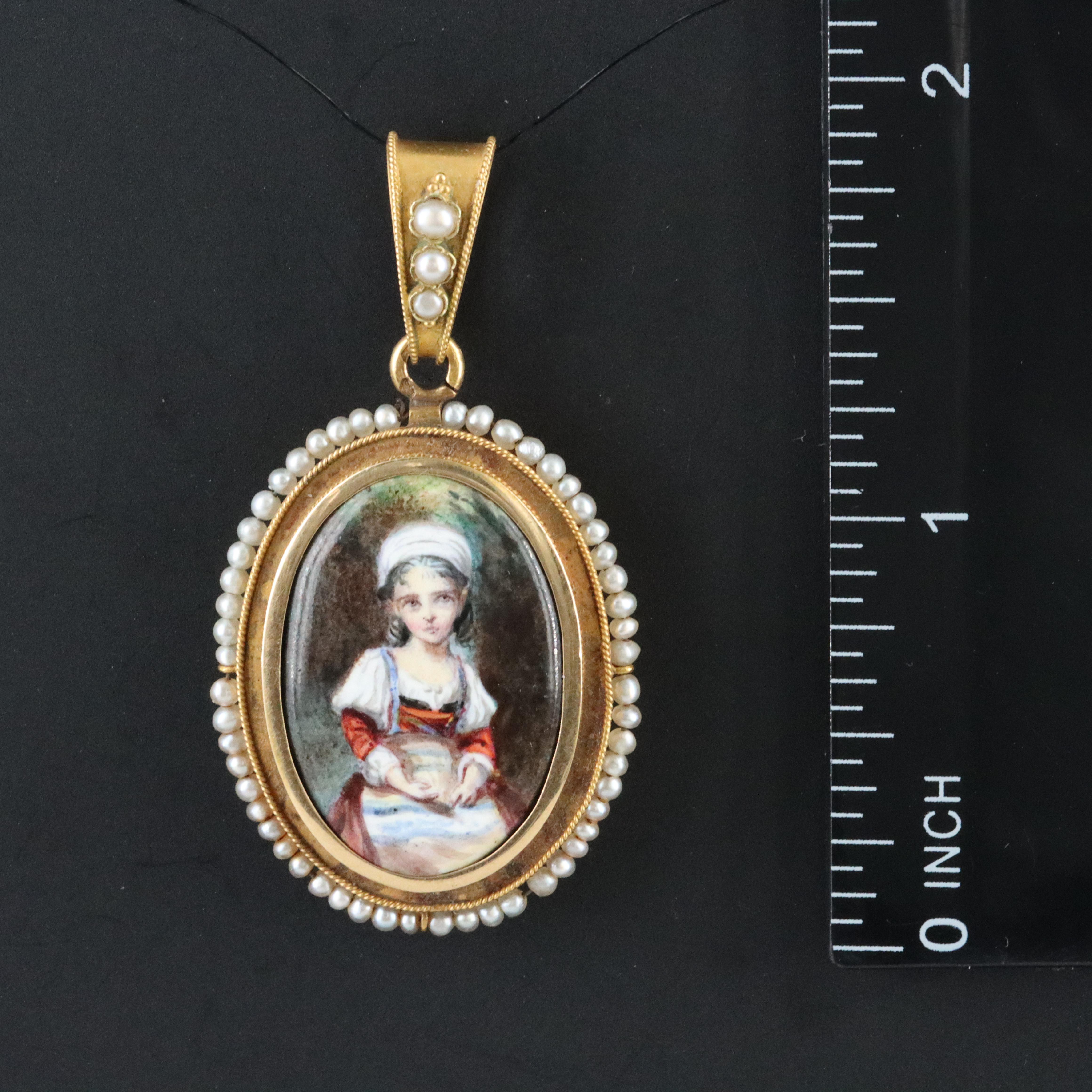 Mid-Victorian 18K Mother of Pearl Painted Portrait and Seed Pearl Locket & Box