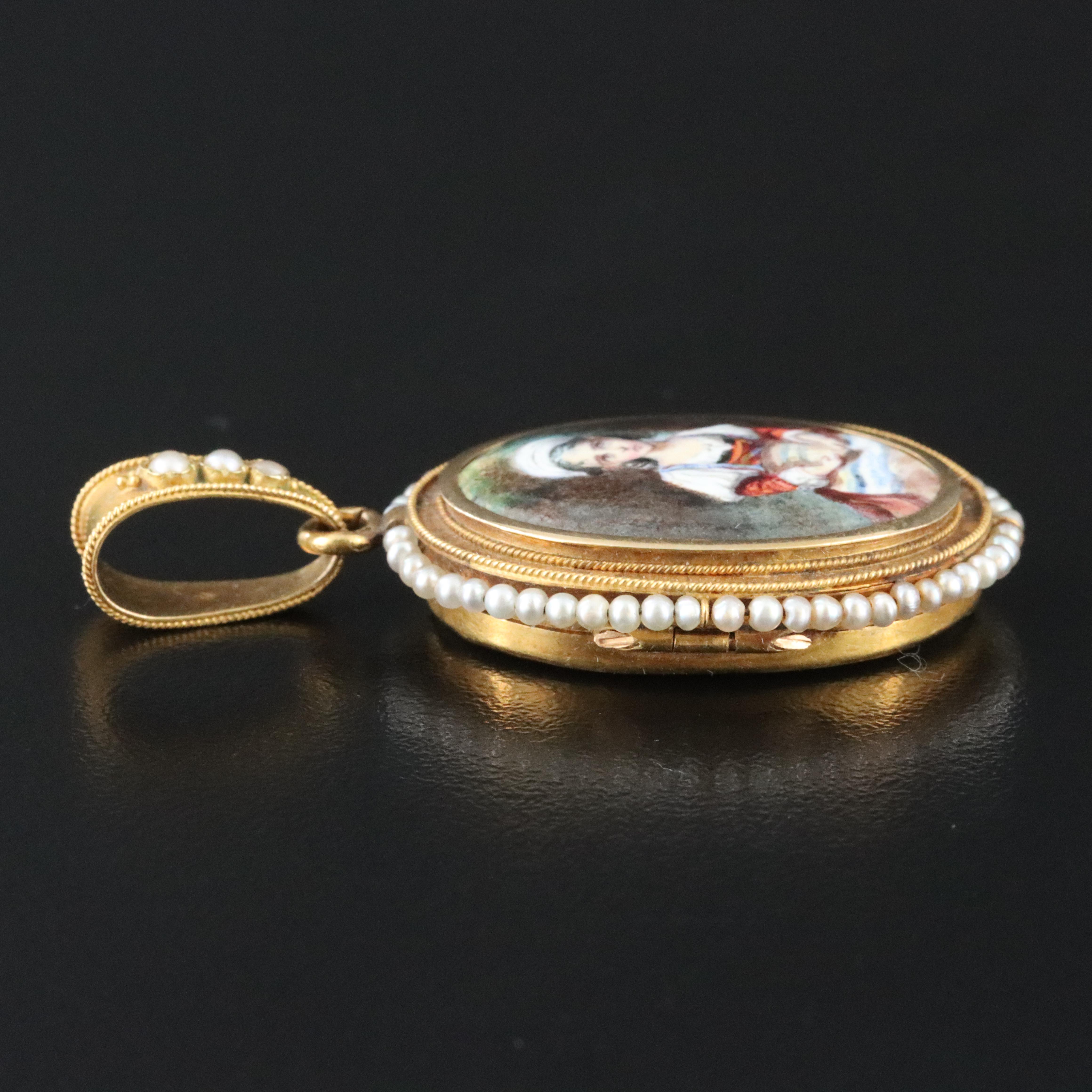 Mid-Victorian 18K Mother of Pearl Painted Portrait and Seed Pearl Locket & Box