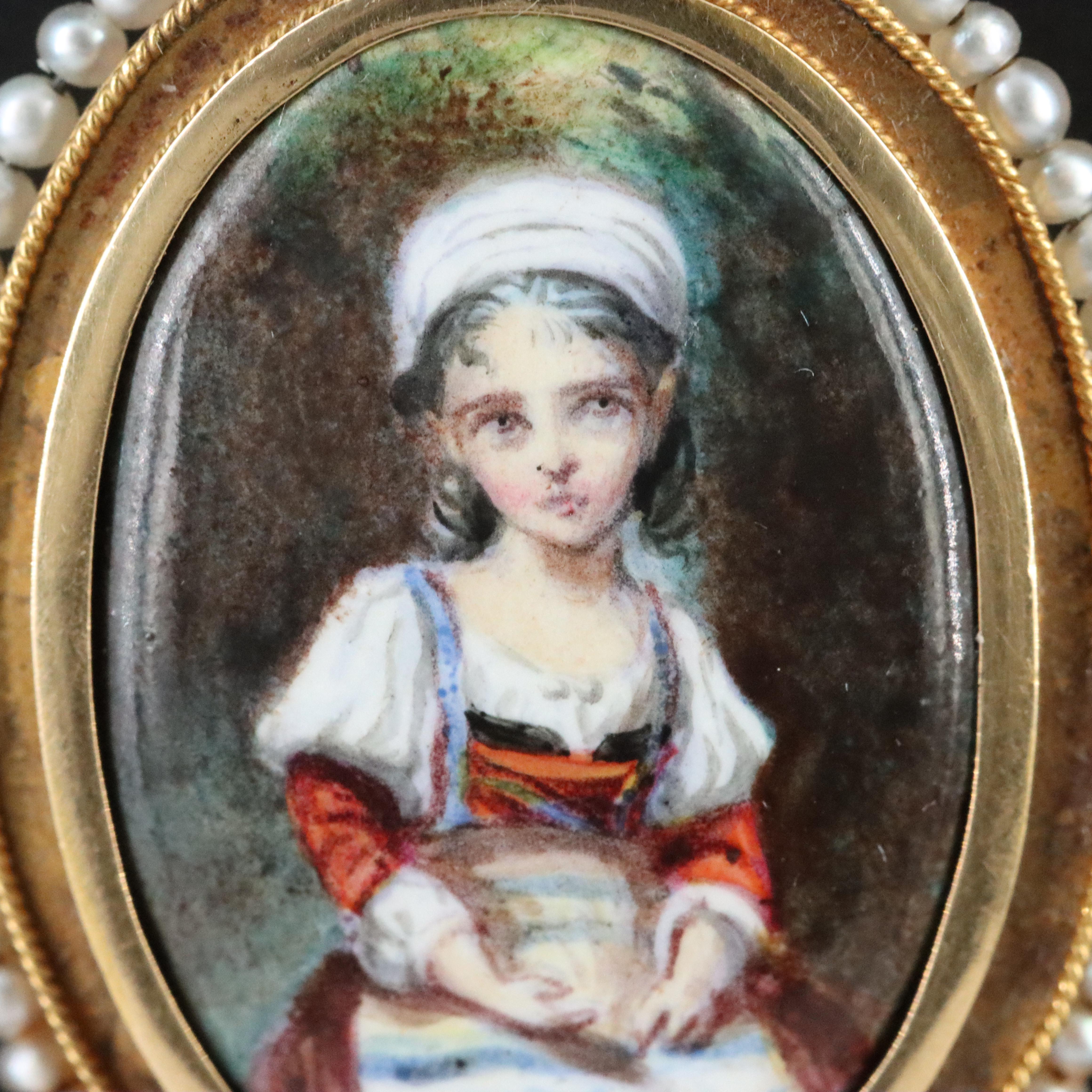 Mid-Victorian 18K Mother of Pearl Painted Portrait and Seed Pearl Locket & Box