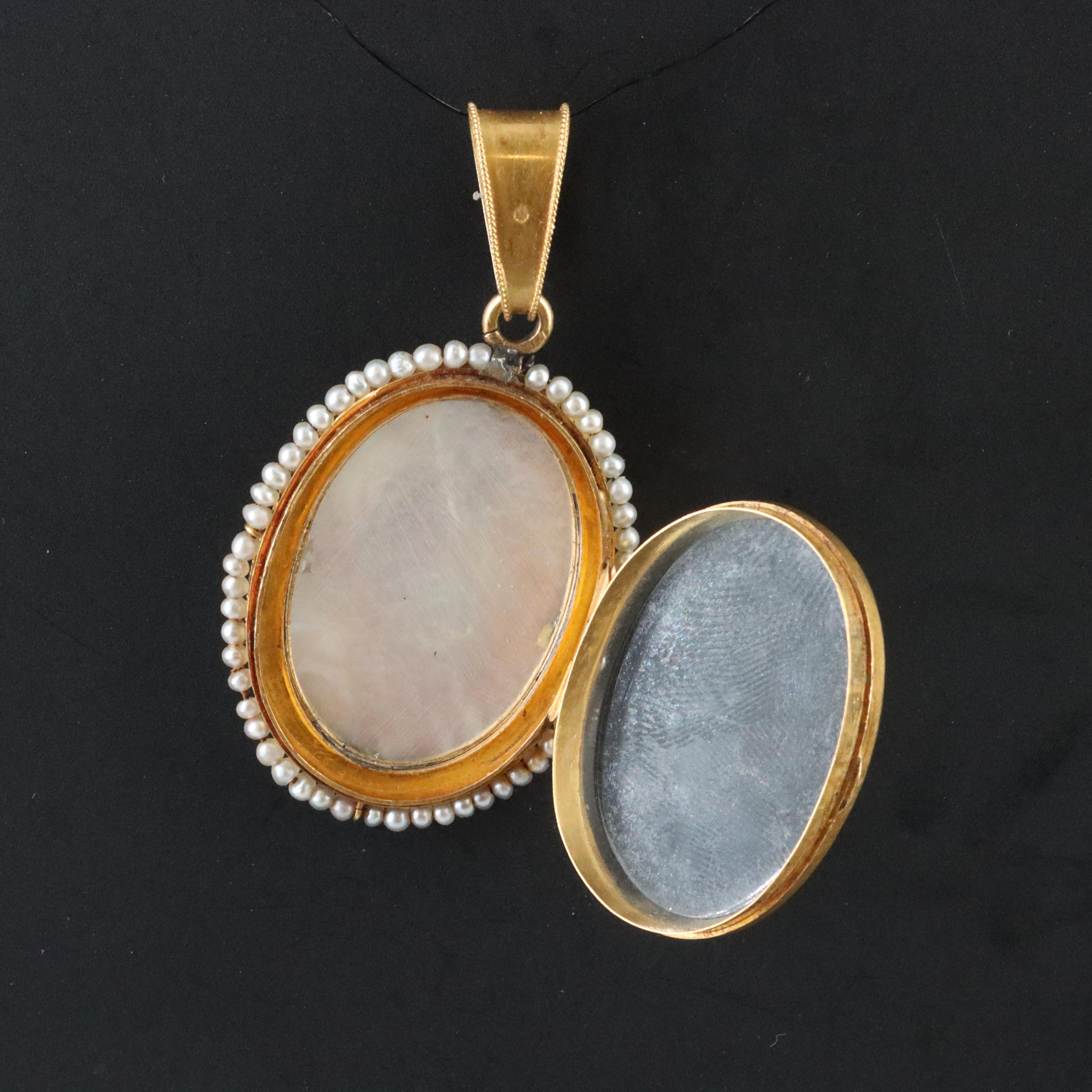 Mid-Victorian 18K Mother of Pearl Painted Portrait and Seed Pearl Locket & Box
