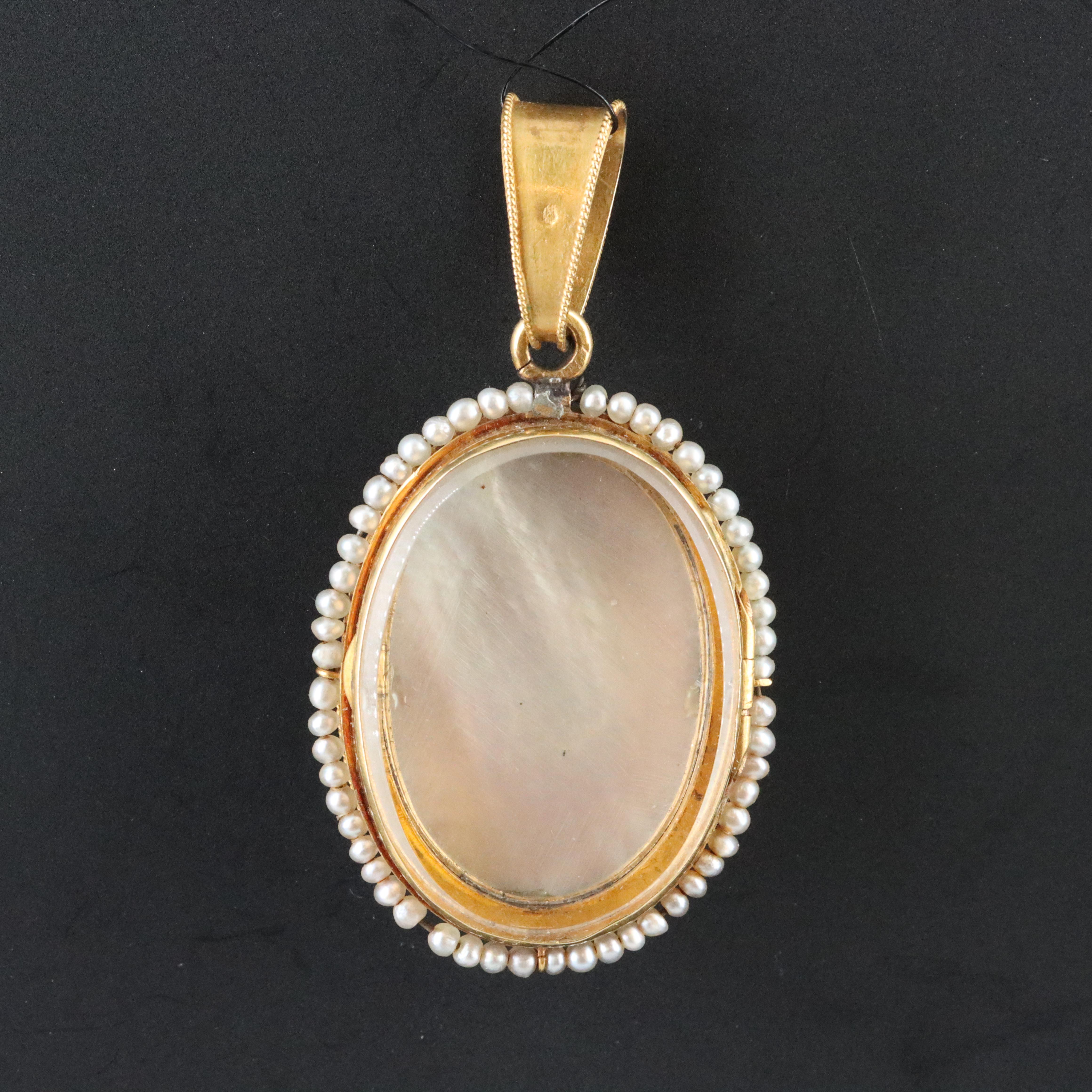Mid-Victorian 18K Mother of Pearl Painted Portrait and Seed Pearl Locket & Box