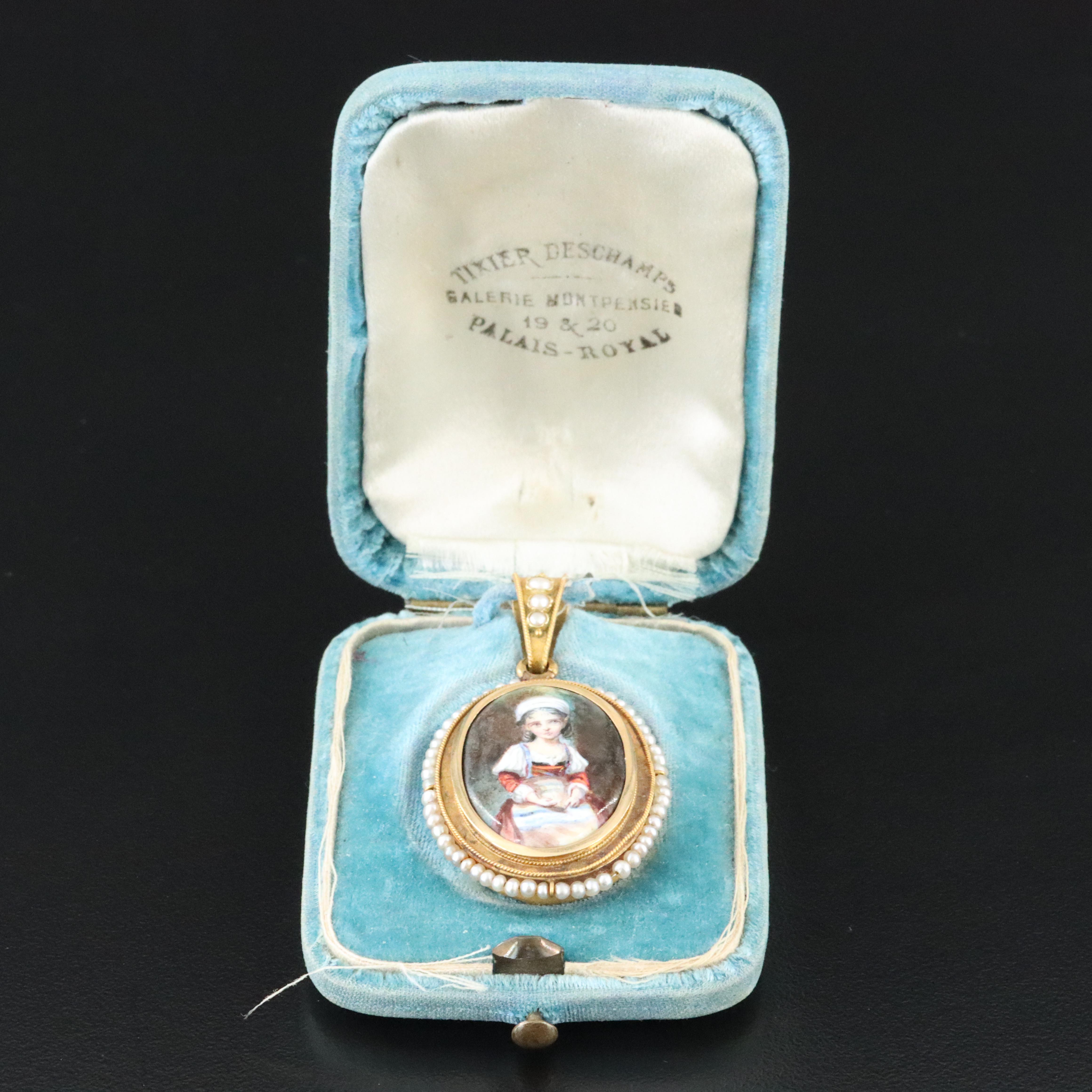 Mid-Victorian 18K Mother of Pearl Painted Portrait and Seed Pearl Locket & Box