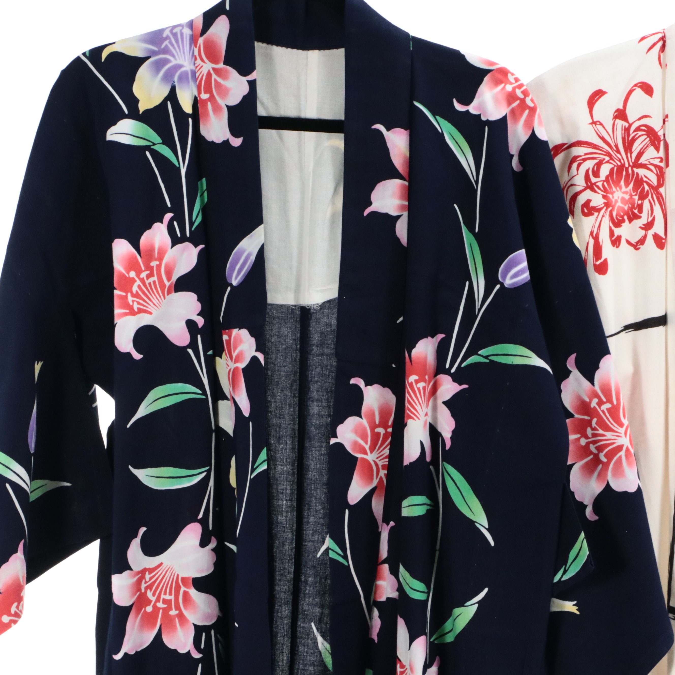 Japanese Yukata Kimonos in White Kiku Printed and Dark Blue Yuri Printed Cotton