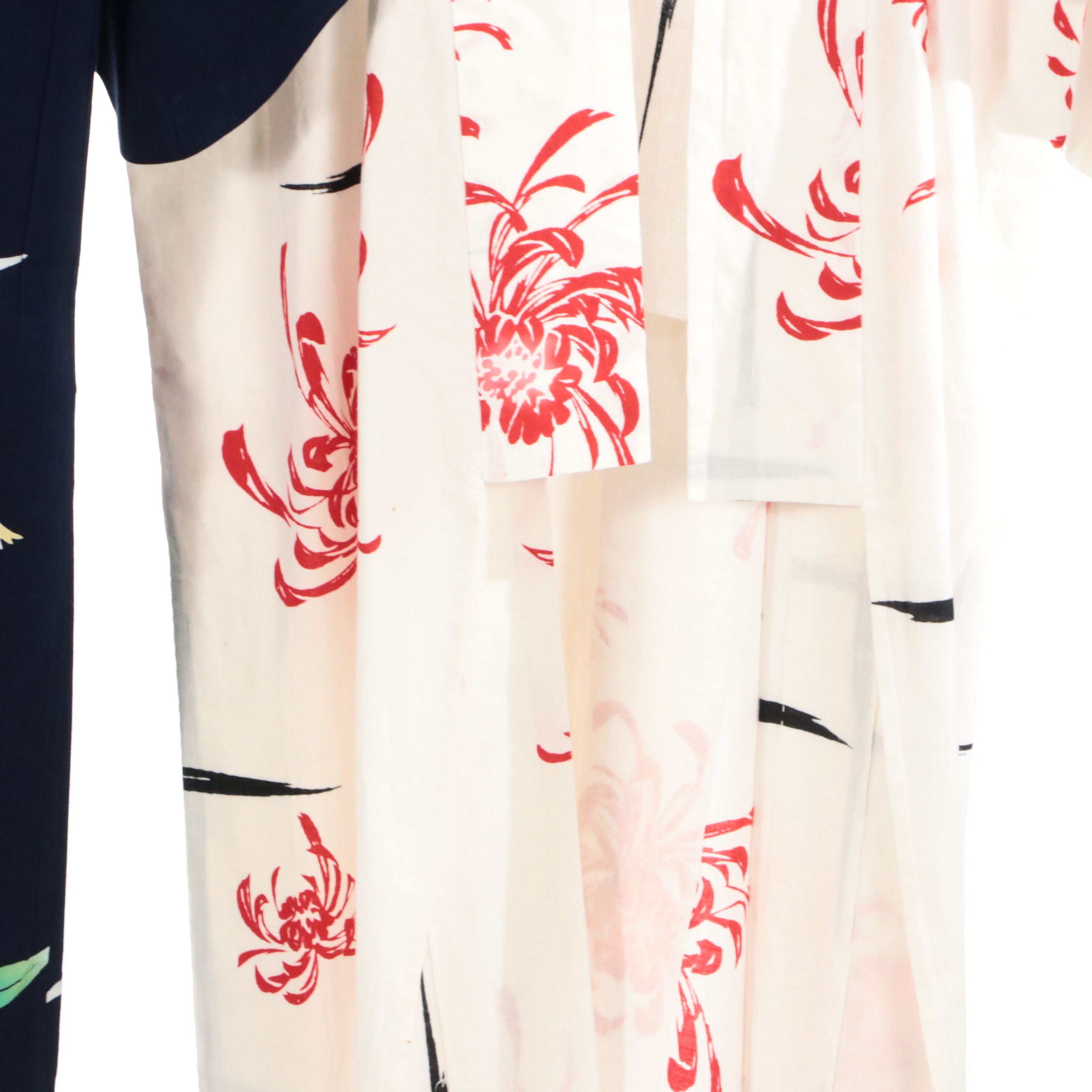 Japanese Yukata Kimonos in White Kiku Printed and Dark Blue Yuri Printed Cotton
