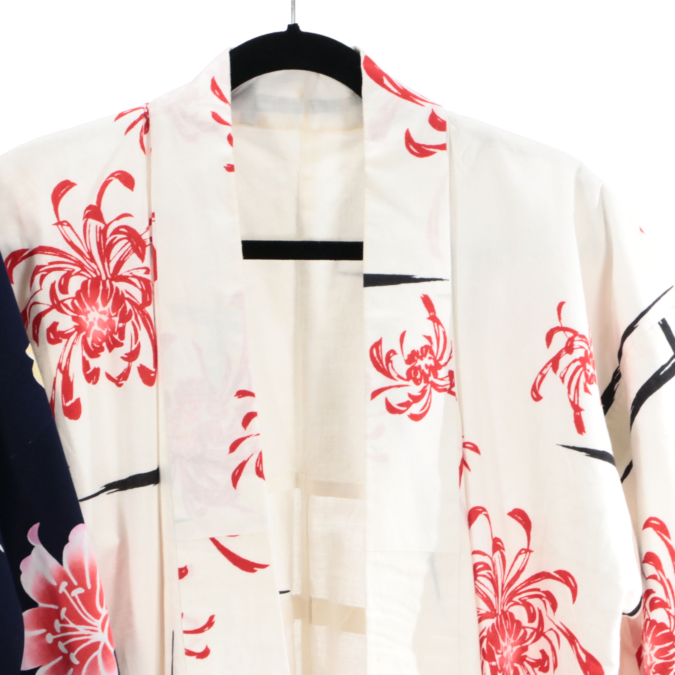 Japanese Yukata Kimonos in White Kiku Printed and Dark Blue Yuri Printed Cotton